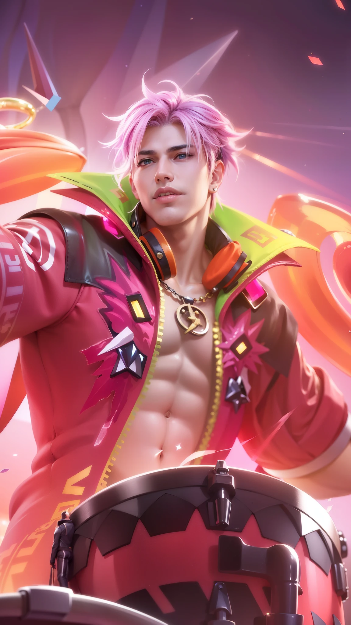 ((perfect eyes)) best quality, (semirealism:1.9), beautiful lighting, (extremely detailed CG unity 4k fhd wallpaper), High Detail, Sharp focus, dramatic outdoors, Handsome male, pink hair, short hair, detailed body, detailed hands, horns, loving, arrogant expression, blue eyes, roman nose, almond eyes, baggy T-shirt, grey shirt, blue denim jeans, giving a blue rose, cocky smirk, nightfall, starry sky, handsome, bushy brows, pointy ears, ear piercings, rings, 1 male, black coat, manly, dark skin, brown skin, charming, good quality, huge bulge in pants, headphone, smile