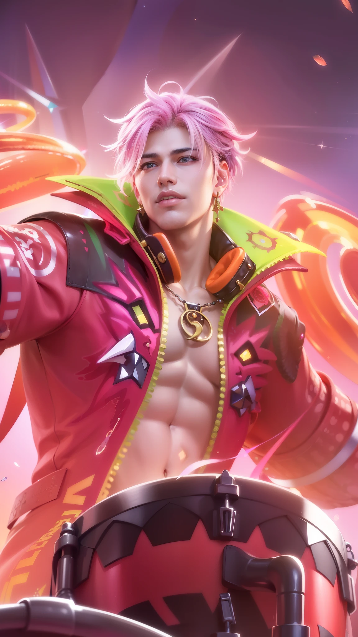 ((perfect eyes)) best quality, (semirealism:1.9), beautiful lighting, (extremely detailed CG unity 4k fhd wallpaper), High Detail, Sharp focus, dramatic outdoors, Handsome male, pink hair, short hair, detailed body, detailed hands, horns, loving, arrogant expression, blue eyes, roman nose, almond eyes, baggy T-shirt, grey shirt, blue denim jeans, giving a blue rose, cocky smirk, nightfall, starry sky, handsome, bushy brows, pointy ears, ear piercings, rings, 1 male, black coat, manly, dark skin, brown skin, charming, good quality, huge bulge in pants, headphone, smile