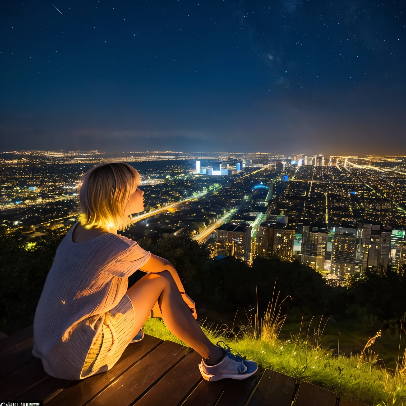 Star of the sky、night view、Mountain、Observatory、overlooking the city、Pretty Girl JK、blonde、short hair、sitting on a wooden chair、all around me is shining、