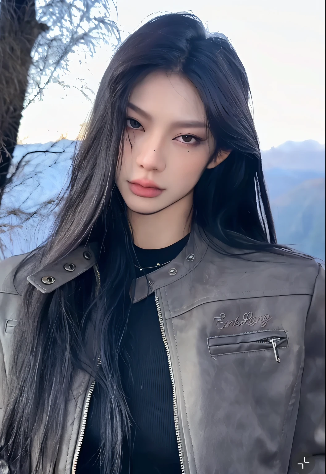 Close-up of a man wearing a leather jacket, Urzan, Brutal Korean Goth Girl, with long black hair, gongbi, jinyoung shin, long hair, zmenzheng, long black hair, kanliu666, Long hair and eyes, Blackpink's Jossi Portrait, sakimicchan, Sha Xi
