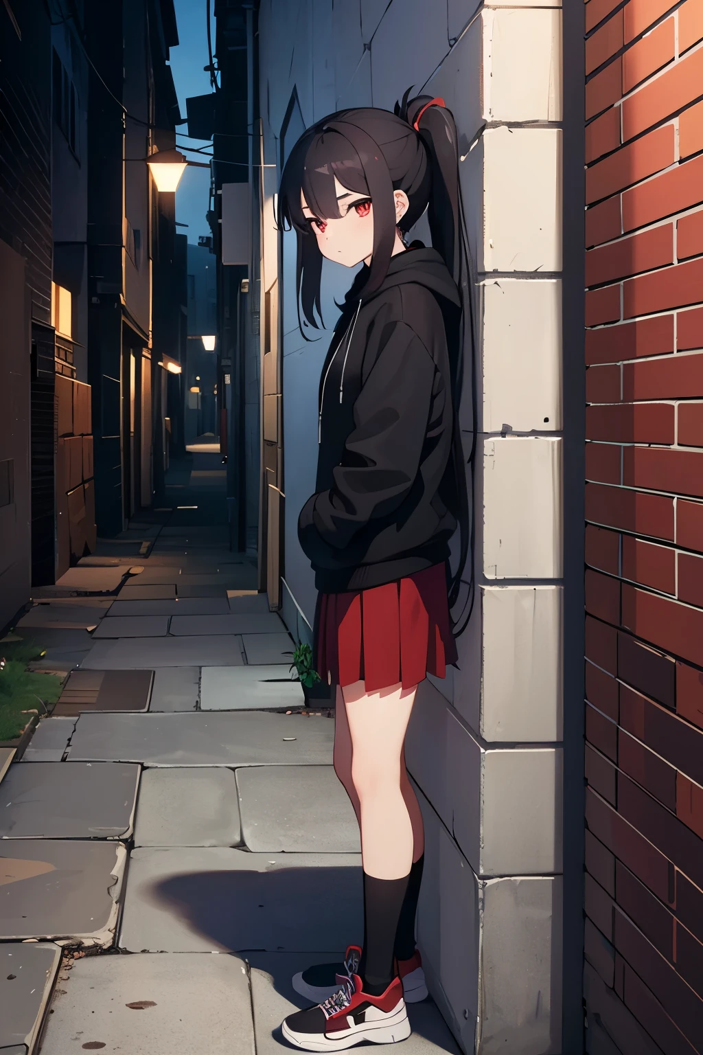 I am leaning against a wall in a back alley in a city where the surroundings are night and the sky is dark.、She is wearing a black hoodie and a dark red skirt.、A woman with long black hair in a ponytail, red eyes, and about the height of a high school student.。