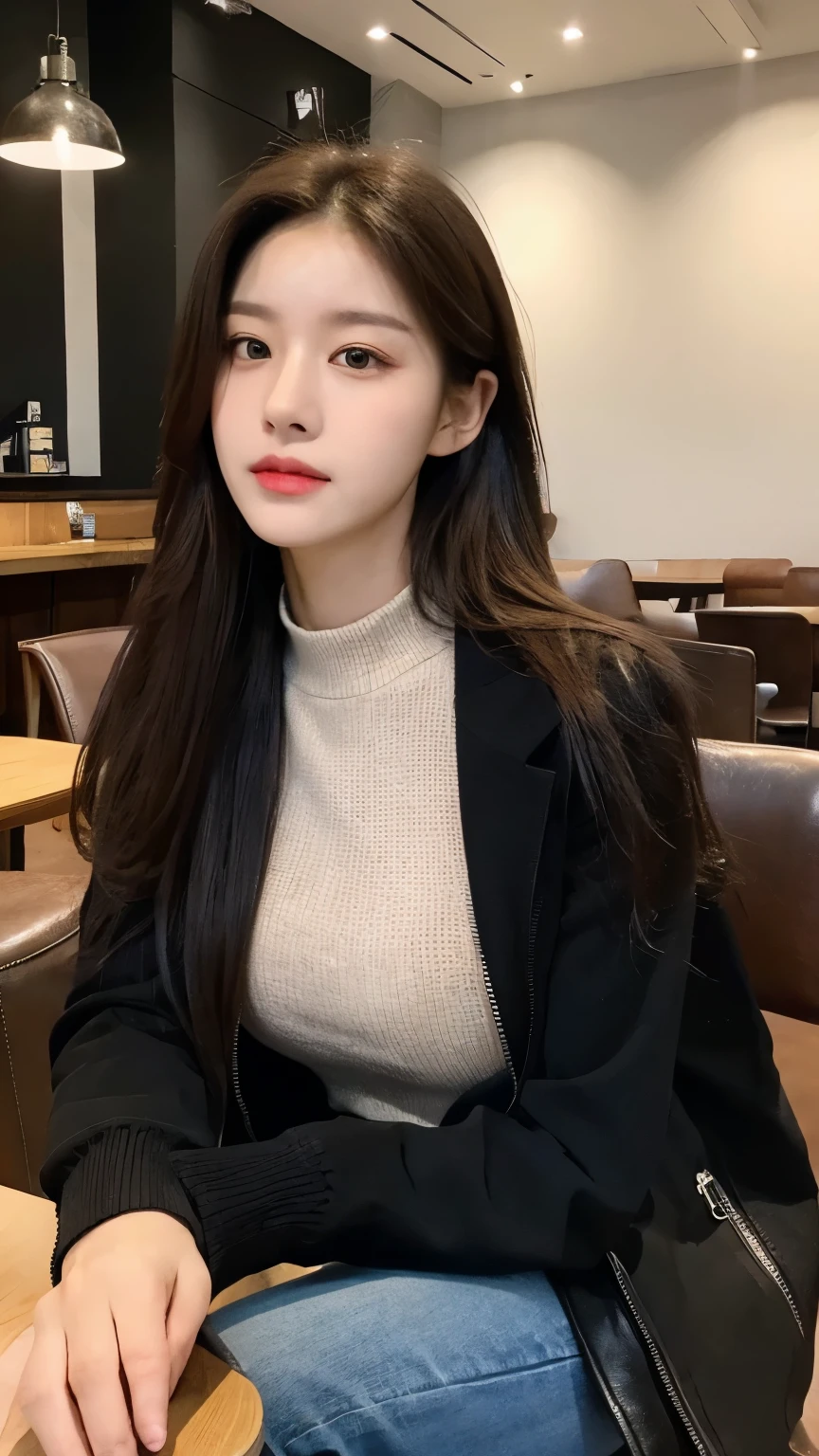 (actual, High resolution:1.2), 1 girl, The face shape and eyes are super delicate, long hair, Black tight vest with black jacket, Short jeans, sitting on coffee chair, in a cafe, coffee on the table, big breasts