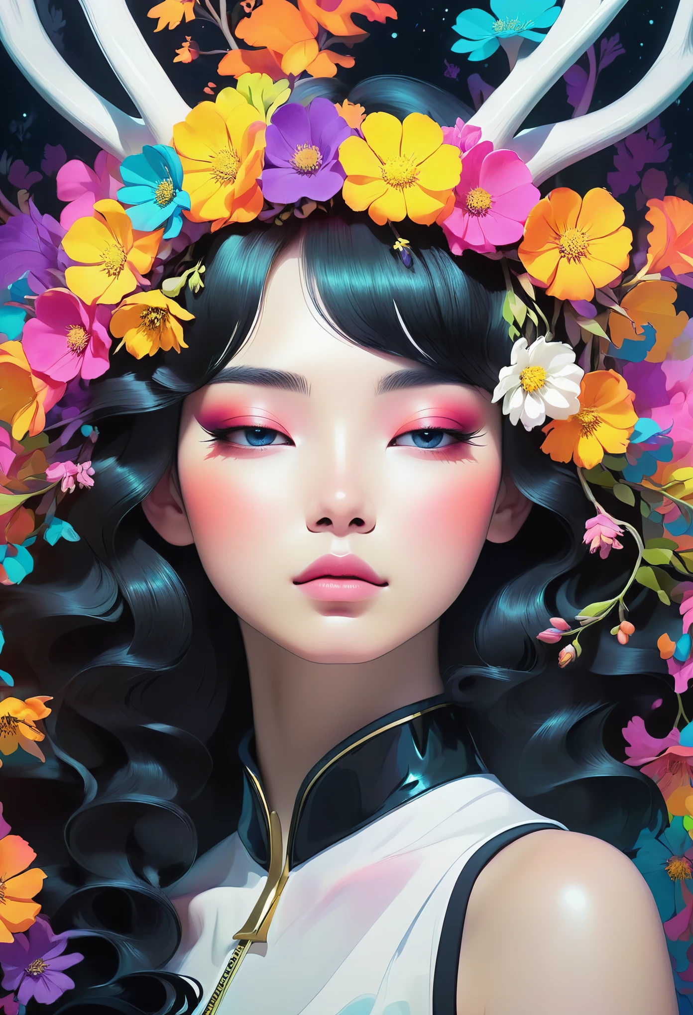 (psychedelic art:1.5), beautiful girl,personification,big color block,white,black, Upper body, eyes closed,deer ,There are flowers,黑white画