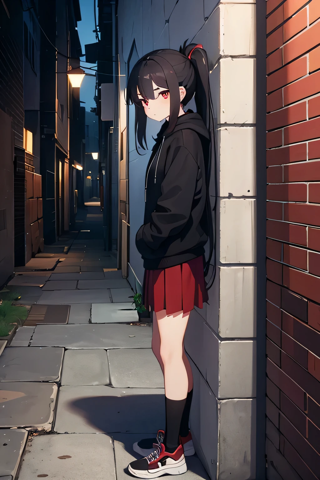 I am leaning against a wall in a back alley in a city where the surroundings are night and the sky is dark.、She is wearing a black hoodie and a dark red skirt.、A woman with long black hair in a ponytail, red eyes, and about the height of a high school student.。