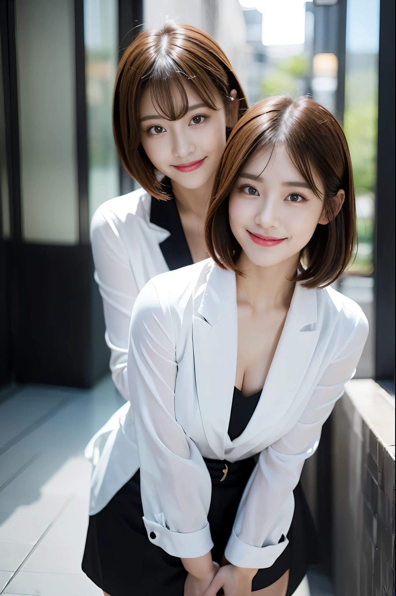 masterpiece,highest quality, 1 female、older sister ((close:0.5)), ((Cross Arm)), glare, gray blazer, white shirt, double eyelid, eyelash, lip gloss, (smile:1), ((close your eyes:0.85)), ((looking at the viewer、The whole body is reflected、Are standing)), to be born, (From above:0.2), ((no one)), (office)、(knee length、knee high boots)、Depth of written boundary、尖ったred mouth、(reddish brown wet shiny short hair,,,,,,,,,),red mouth,clavicle、slender、full body portrait、digital illustration, (Photoreal:1.3),(Raw photo.)