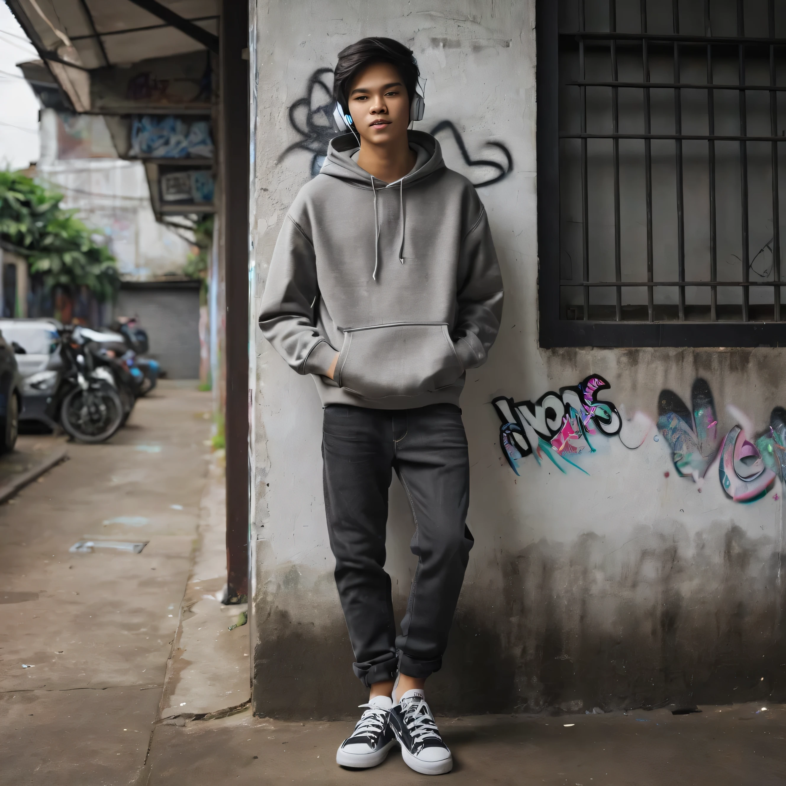 long shot, wide angle portrait,a 15 year old handsome Indonesian man with short middle-parted hair, wearing a gray hoodie, black jeans, Ventella canvas shoes, standing leaning against a wall with graffiti on it while listening to songs using a headset, hands in his trouser pockets.