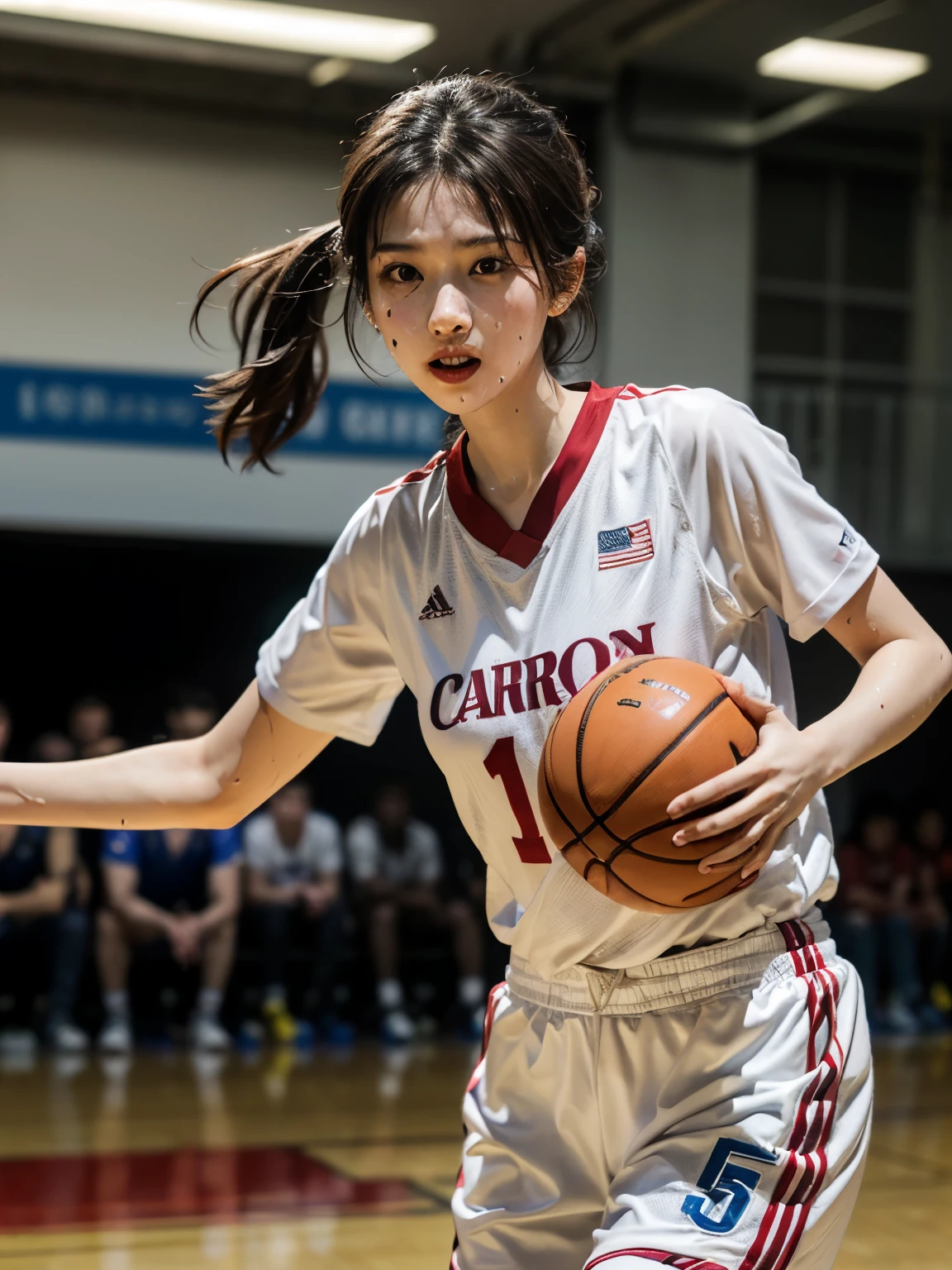 Super clear real photo, panoramic 8k quality, 20-year-old young girl from Taiwan, (face is clear, low light shines on her face, medium brown hair is flying, wearing a red basketball jersey (the jersey has "BUDS CREATOR No. 10" embroidered on it) white Basketball shoes, (the jersey is soaked with sweat), the girl is playing basketball, sweating from the movement, dribbling quickly (forming a moving afterimage), the girl dodges the opponent, the girl shoots backwards, sweet and naughty appearance, Canon 5D4, portrait mirror F1.0/iso400 dynamic photography