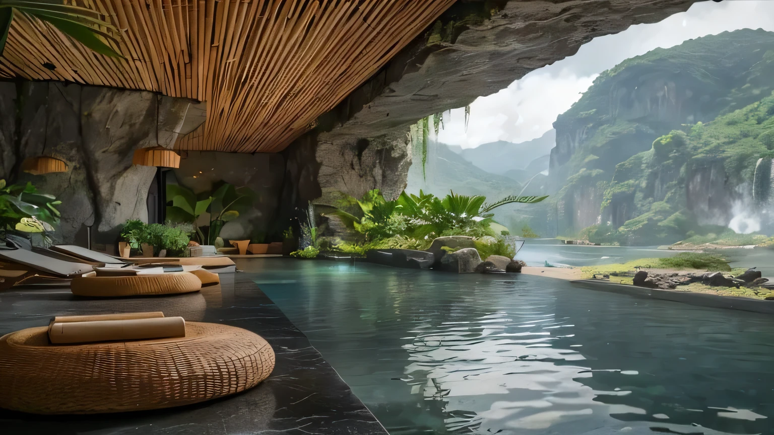 a view of a pool with a waterfall and a rock formation, relaxing environment, very close to real nature, beautiful and aesthetic, stunning nature in background, beautiful place, magical environment, epic and stunning, empty bathhouse hidden in a cave, peaceful and serene, mountainous jungle setting, cozy bathhouse hidden in a cave, peaceful ambience, beautiful environment