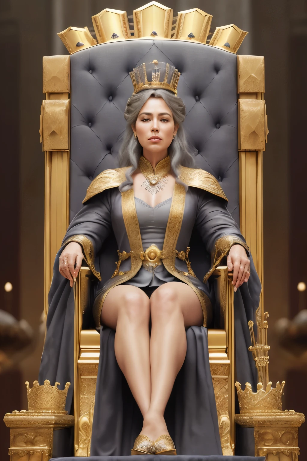 Photo of the Queen of the World, raw, Regal figure, (Majestically sitting on a throne:1.4), (Detailed face:1.2), ((Age: 40-50, with wispy gray hair), Crown on head, Robe of the highest quality, Golden scepter in hand, Portrait, (Realistic, Super realistic, Realism, realistic detail), Perfect Anatomy, perfectly proportions, Bokeh, depth of fields, Hyper Sharp Image, (Dramatic pose:1.3), (Detailed clothes:1.3), (Throne room:1.3), Epic background, (Detail in throne), (