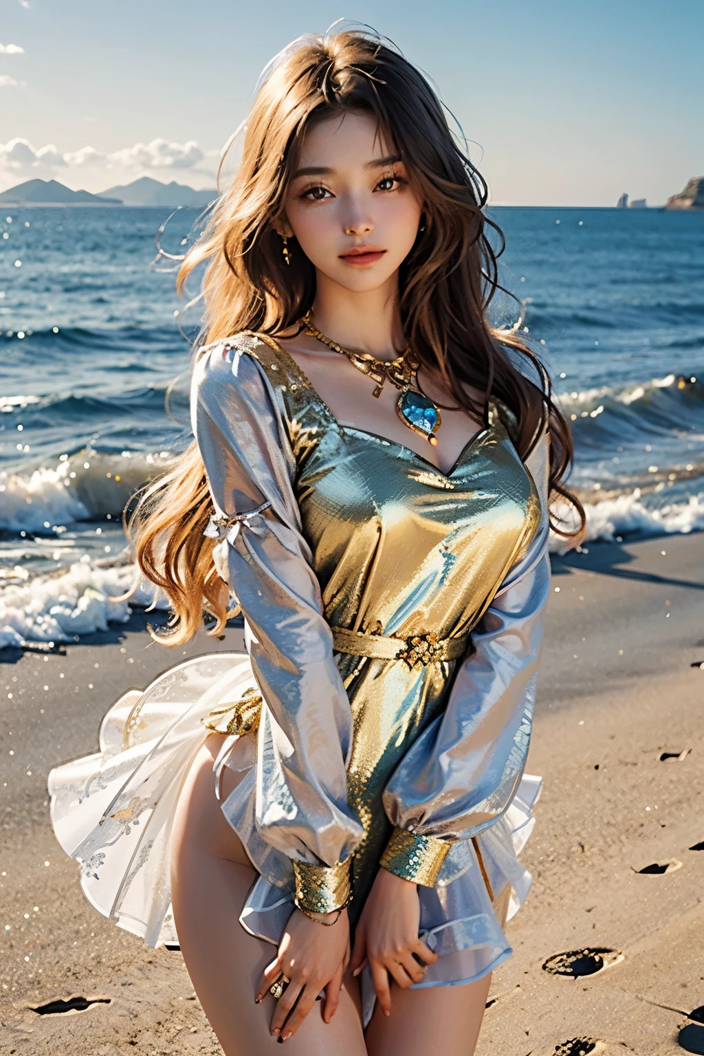 Full shot body photo、illustratio、ciinematic light、Fantasia、top-quality、top-quality、​masterpiece、（The face is fine）、tall and sexy gold coin dress、beach with sparkling sand、Floating embers、Golden Hair Jewelry、Golden light reflecting the sun's rays、（Focus on the body：1.25）、clear blue skies、Desert and sea background、long curly hair、Golden Eyes Magic Energy Release、Dark reflections、light reflections((With the highest quality, 8K, masutepiece: 1.3)), albino, pale-skinned, Skinny 17 year old girl, gloweyes, , catchlight, Medium chest, TikTok, Beautiful fece, Instagram, Sharp Focus: 1.2, Looking at Viewer, Perfect Style, (Open your mouth: 1.5), Attractive feminine body, Beautiful, Beautiful, most famous in the world, (A hyper-realistic), (Photoreal), (Increased resolution), (8K), (Extremely detailed), (best pictures), (beautifully detailed eyes), (Best Quality), (ultra-detailliert), (masutepiece ), ( wall-paper), (Detailed face), Solo, Looking at Viewer, Fine details, Detailed face, Blushing cheeks, Happy smiling face, pureerosfaceace_v1, Smiling, Half body, Long legs, thin waist, Ultra-fine makeup, Legs apart, The right hand is the right hand、The left hand is the left hand、kosmos、Gold Desert、Golden Northern Lights、Golden zentangle、