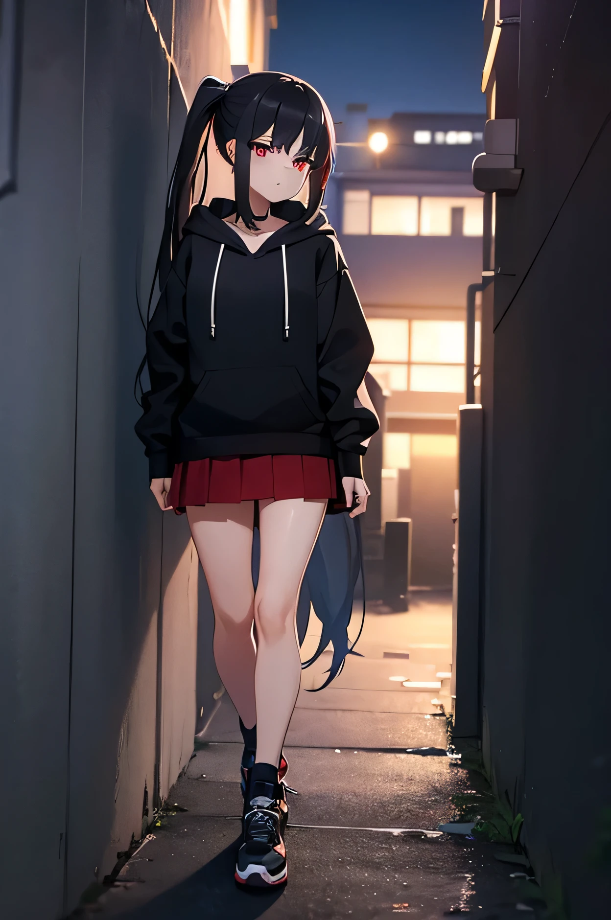 I am leaning against a wall in a back alley in a city where the surroundings are night and the sky is dark.、She is wearing a black hoodie and a dark red skirt.、A woman with long black hair in a ponytail, red eyes, and about the height of a high school student.。