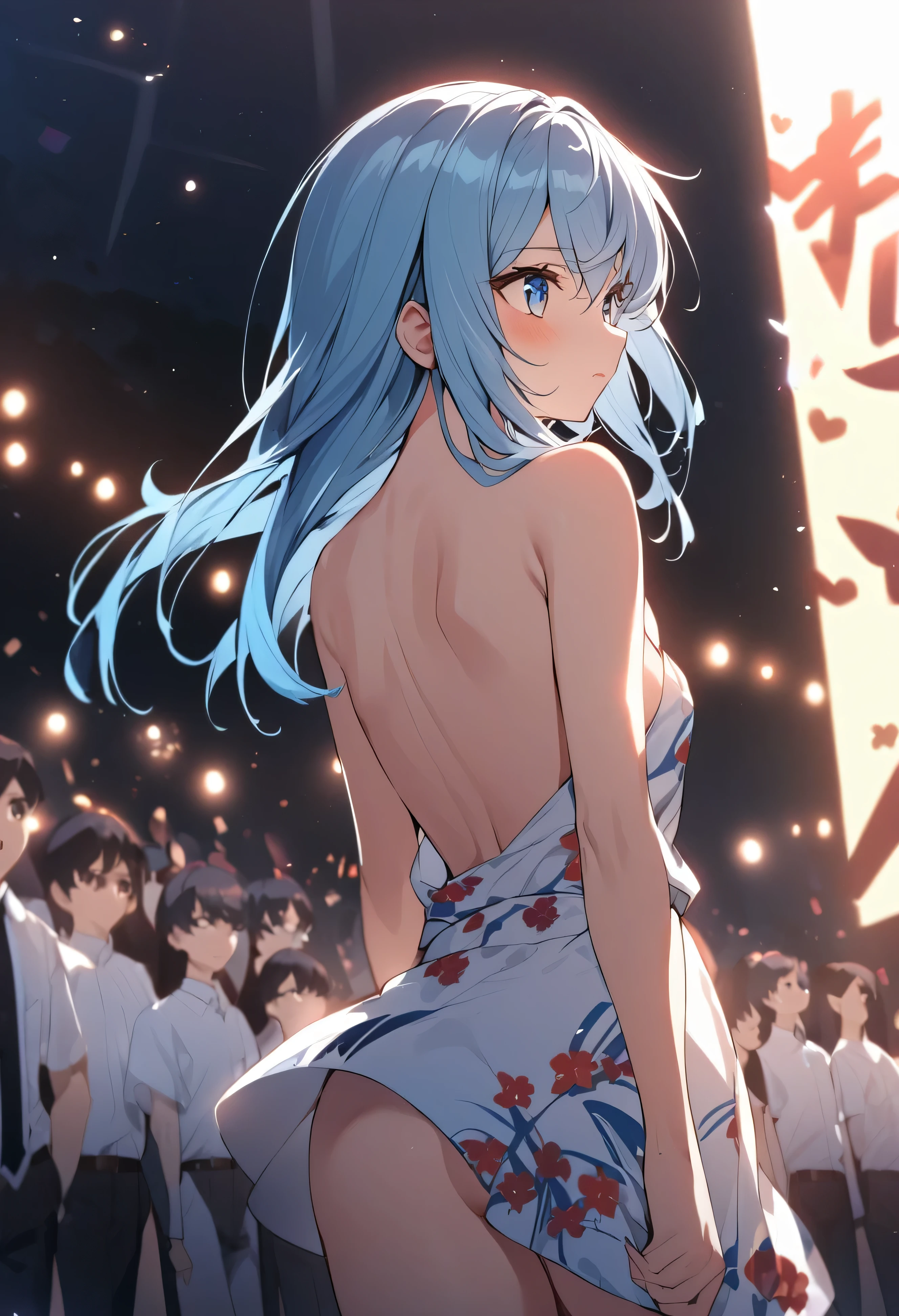 anime high school girl, Put on a sexy kimono, short kimono, bare arms, Bare back, bare shoulders, walk, long hair, light blue hair, look at the audience, blue eyes