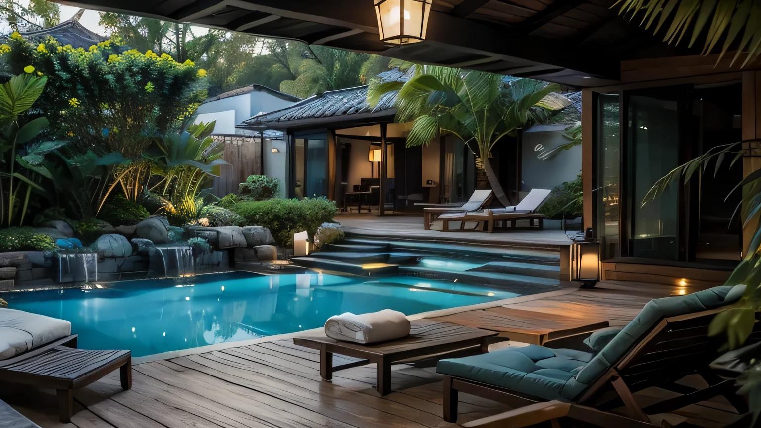 there is a patio with a pool and a patio table, with a fishpond and courtyard, next to a tropical pool, soothing and cozy landscape, cozy and peaceful atmosphere, beautiful and aesthetic, relaxing environment, magical environment, cozy place, quiet and serene atmosphere, wonderful masterpiece, peaceful ambience, dense with greenery, tropical pool, lush oasis, beautiful place