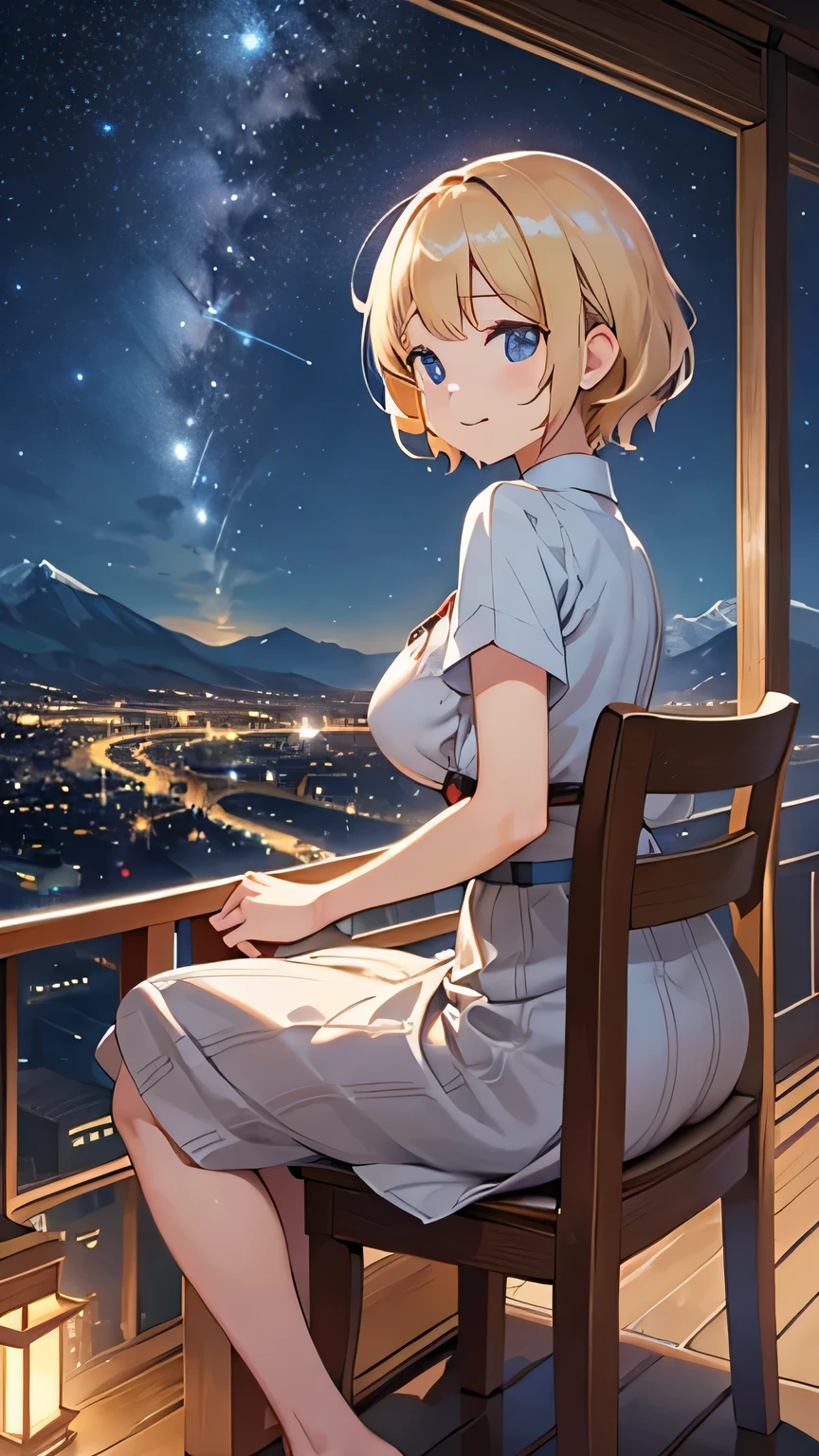 Star of the sky、night view、Mountain、Observatory、overlooking the city、Pretty Girl JK、blonde、short hair、big breasts、sitting on a wooden chair、all around me is shining、Looking at the city、Erotic、high resolution