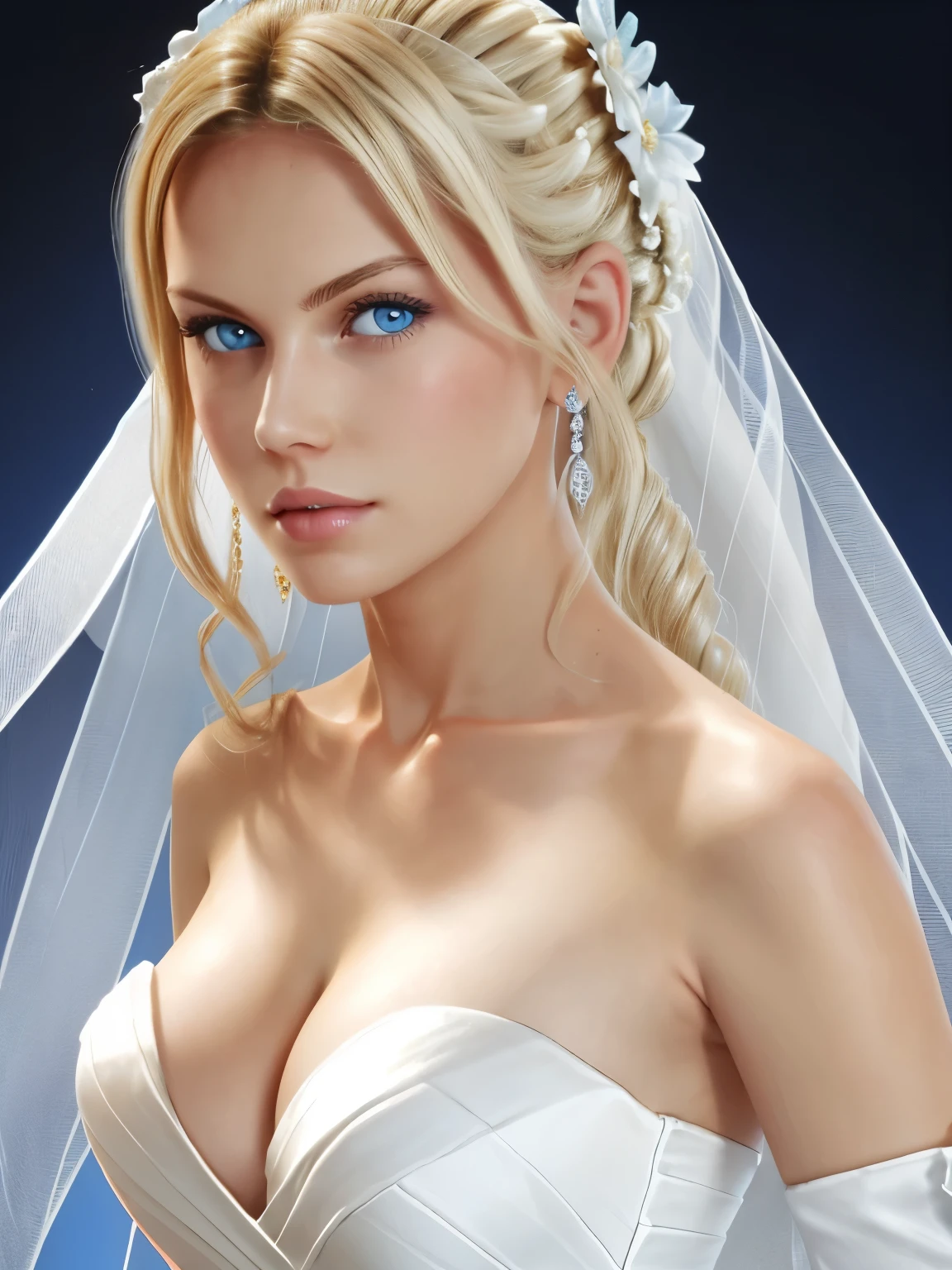 highres,1girl,bare shoulders,blonde hair,blue eyes,breasts,cleavage,dress,wedding dress