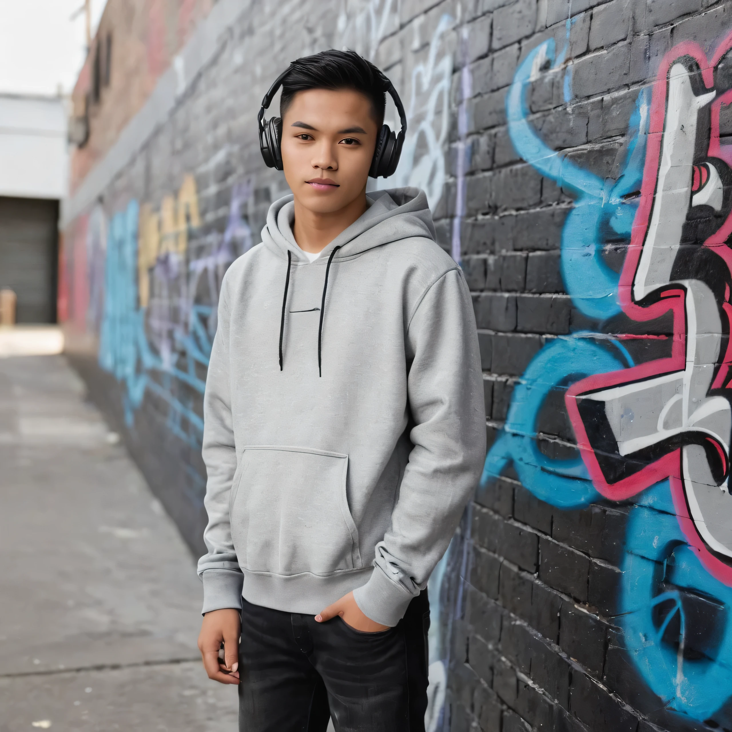 long shot, wide angle portrait,a 15 year old handsome Indonesian man with short middle-parted hair, wearing a gray hoodie, black jeans, Ventella canvas shoes, standing leaning against a wall with graffiti on it while listening to songs using a headset, hands in his trouser pockets.