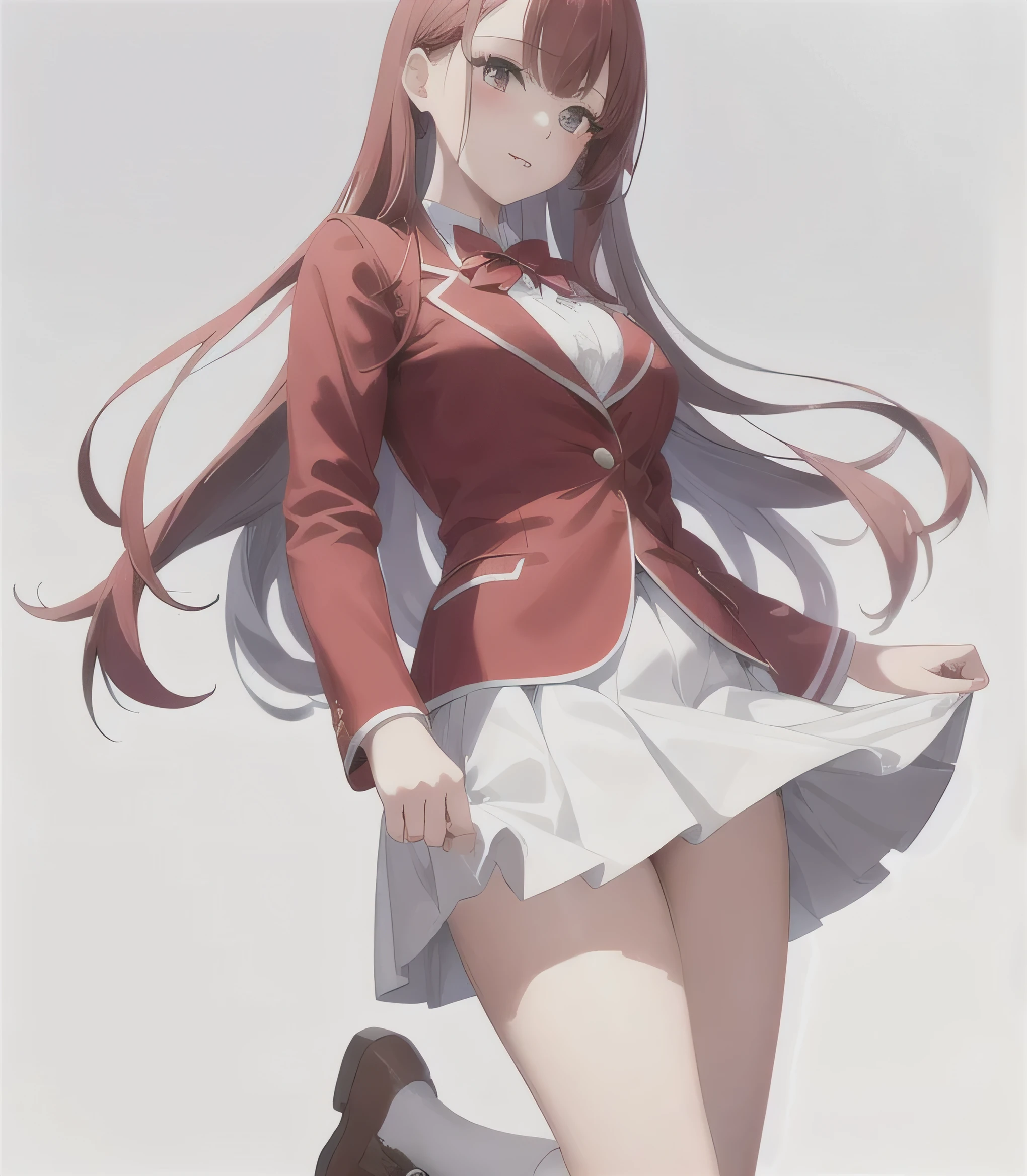 Beautiful girl in a red jacket and white skirt with a blue bow, marin kitagawa fanart, render of april, moe artstyle, beautiful high school girl