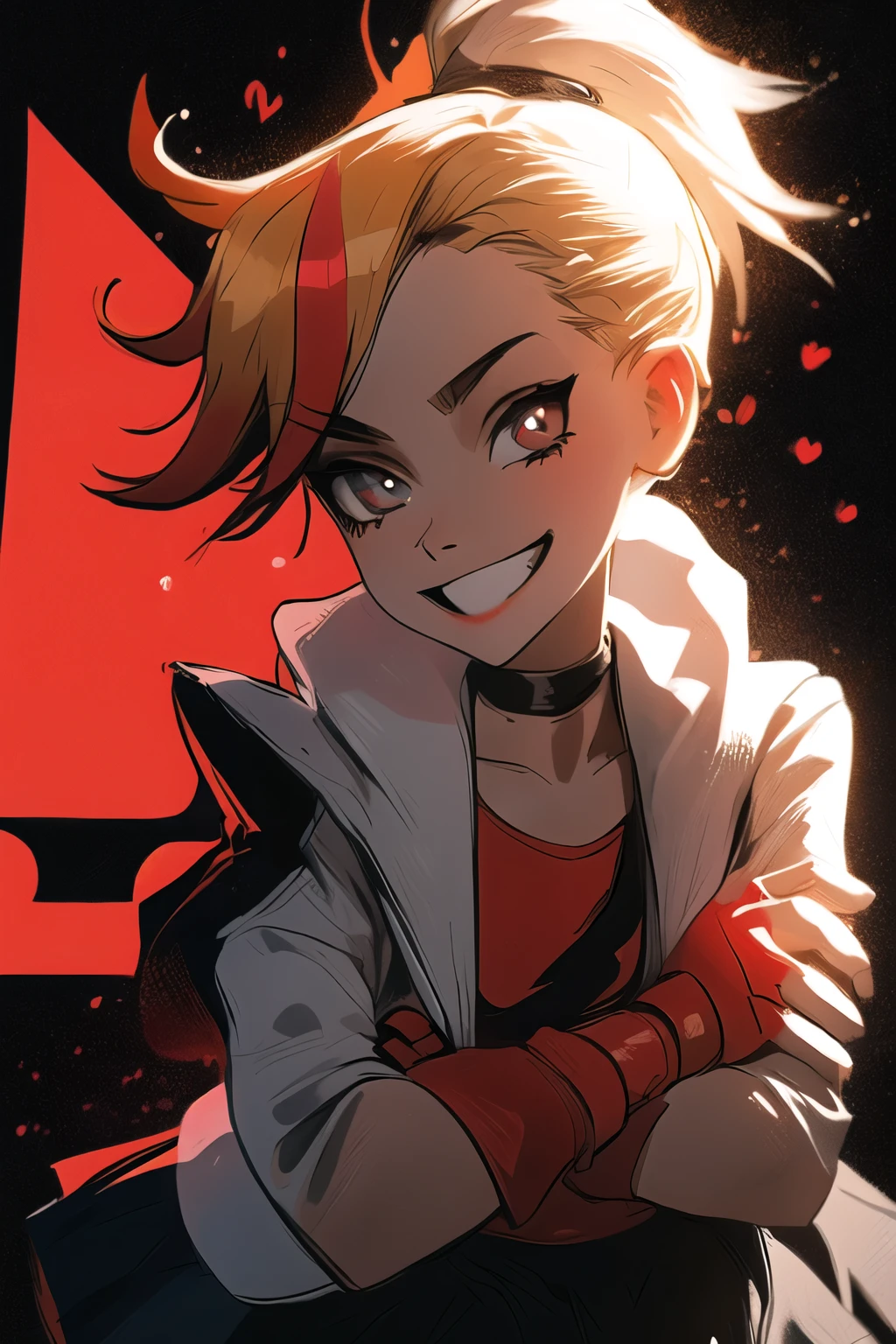 (best quality:1.2),solo,1girl,mdrin,smile,looking at viewer,crossed arms,ponytail,v-shaped eyebrows,white jacket,red shirt,fingerless gloves,black skirt,choker