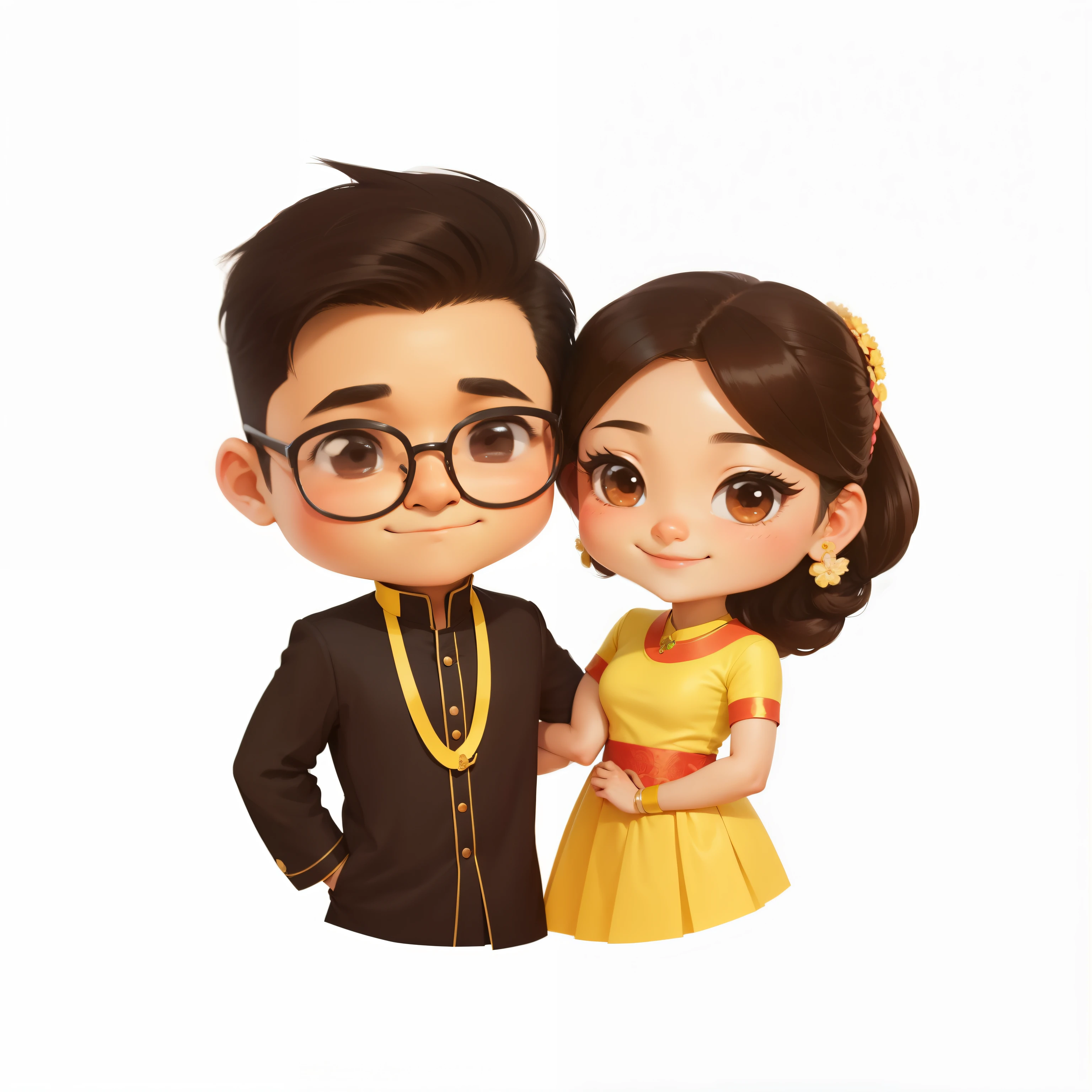 cartoon couple of asian man and woman in indian wedding clothes, lovely couple, official fanart, couple, charicature, high quality fanart, couple pose, cartoon style illustration, happy couple, boy and girl, cute art style, couple portrait, in cartoon style, cute cartoon, couples portrait, hand painted cartoon art style, inspired by JoWOnder, by JoWOnder, cute illustration