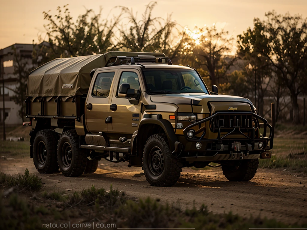 Chevrolet Silverado Military Tactical Truck, off road tires, painted in brown and beige camouflage, ERPC sign on the doors, hyperreal photographic image, panoramic angle