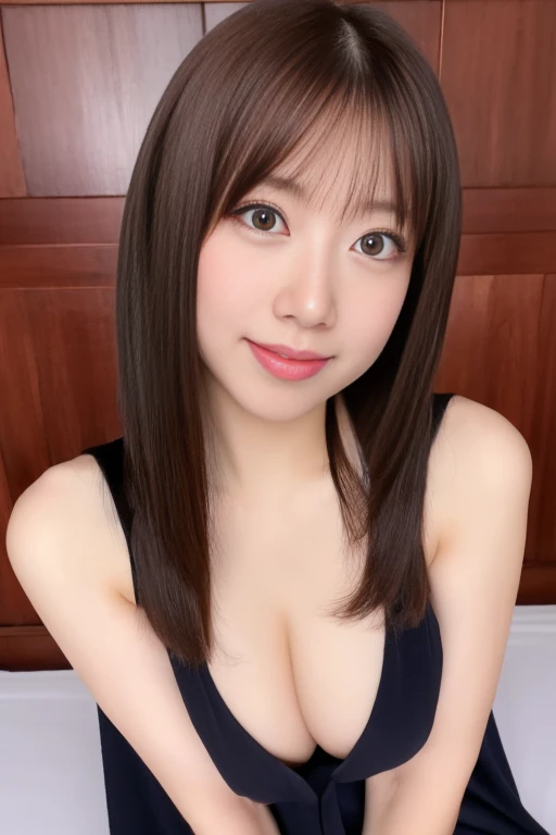 highest quality, Photoreal, finely, High resolution, 8k wallpaper, detailed and beautiful eyes, (straight hair)、brown hair、(brown eyes)、((big breasts)),、(nude)、cleavage、abs、25 years old、young japanese、Big eyes:1.2、double eyelids、sharp outline、Shiny skin、toned body、slim body:1.2、Whitening、whole body、constriction、1boy,(penis),pubic hair,smile,pov、fellatio,stick out tongue