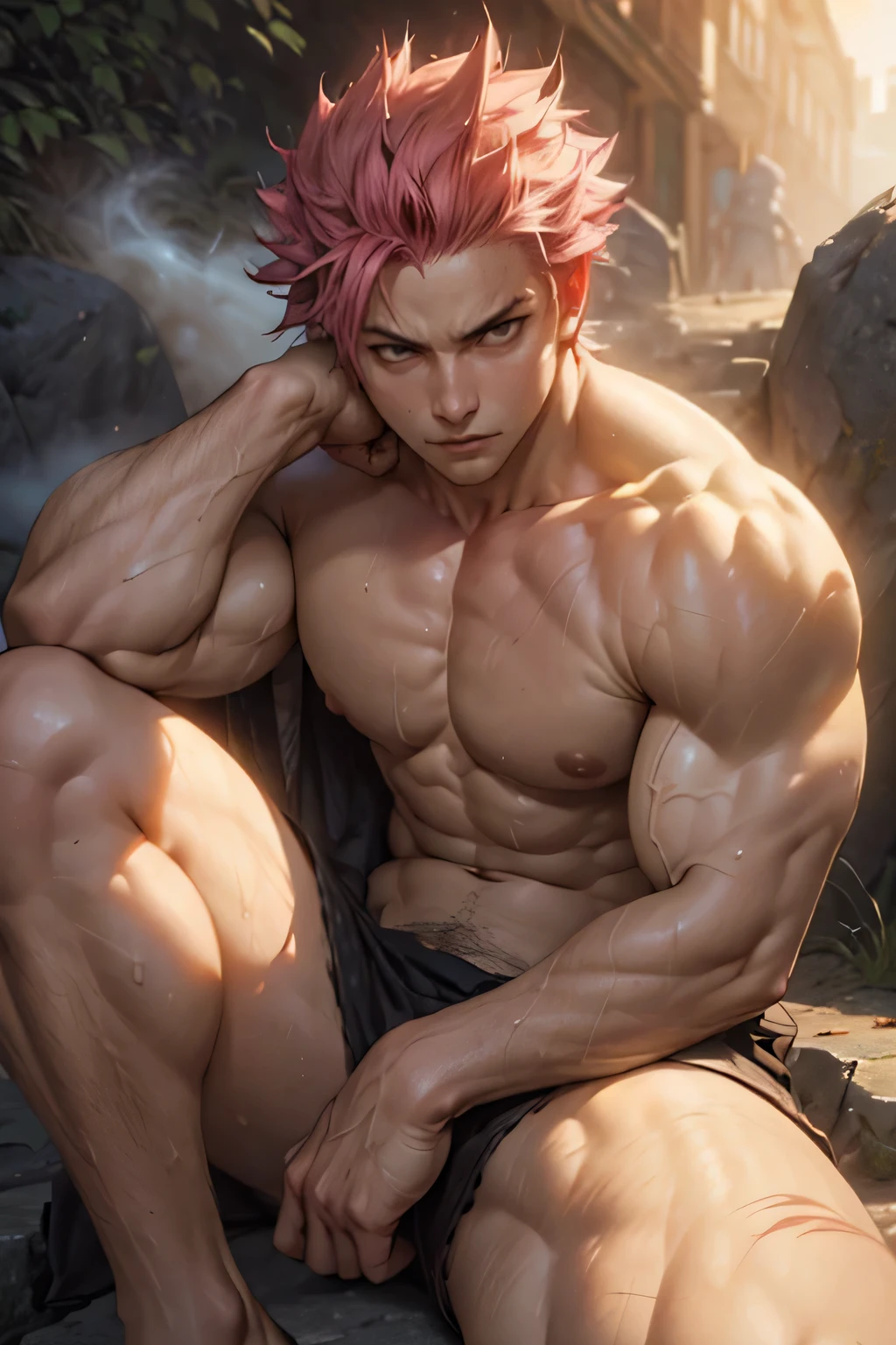 (best quality,4k,8k,highres,masterpiece:1.2),ultra-detailed,(realistic,photorealistic,photo-realistic:1.37),front view,Natsu Dragneel,Japanese anime character,rugged face,muscular body,ripped body,pink hair,sitting on a large stone atop a trek slope, young man with adult face,muscular arms,muscular chest,naked completely, naked legs and naked body,battle scars,mysterious gaze,powerful aura,smoke effect,sunset lighting,strong shadows,dramatic atmosphere,