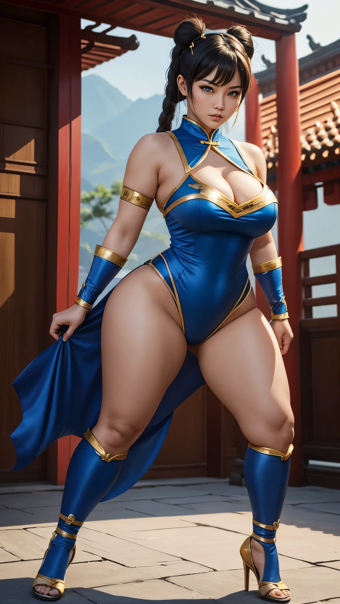 Chunli fighter, wide hips, curvy, long legs, beautiful eyes, beautiful, full body, thick high, paws body ,detail chunli costume ,Chinese house background 
