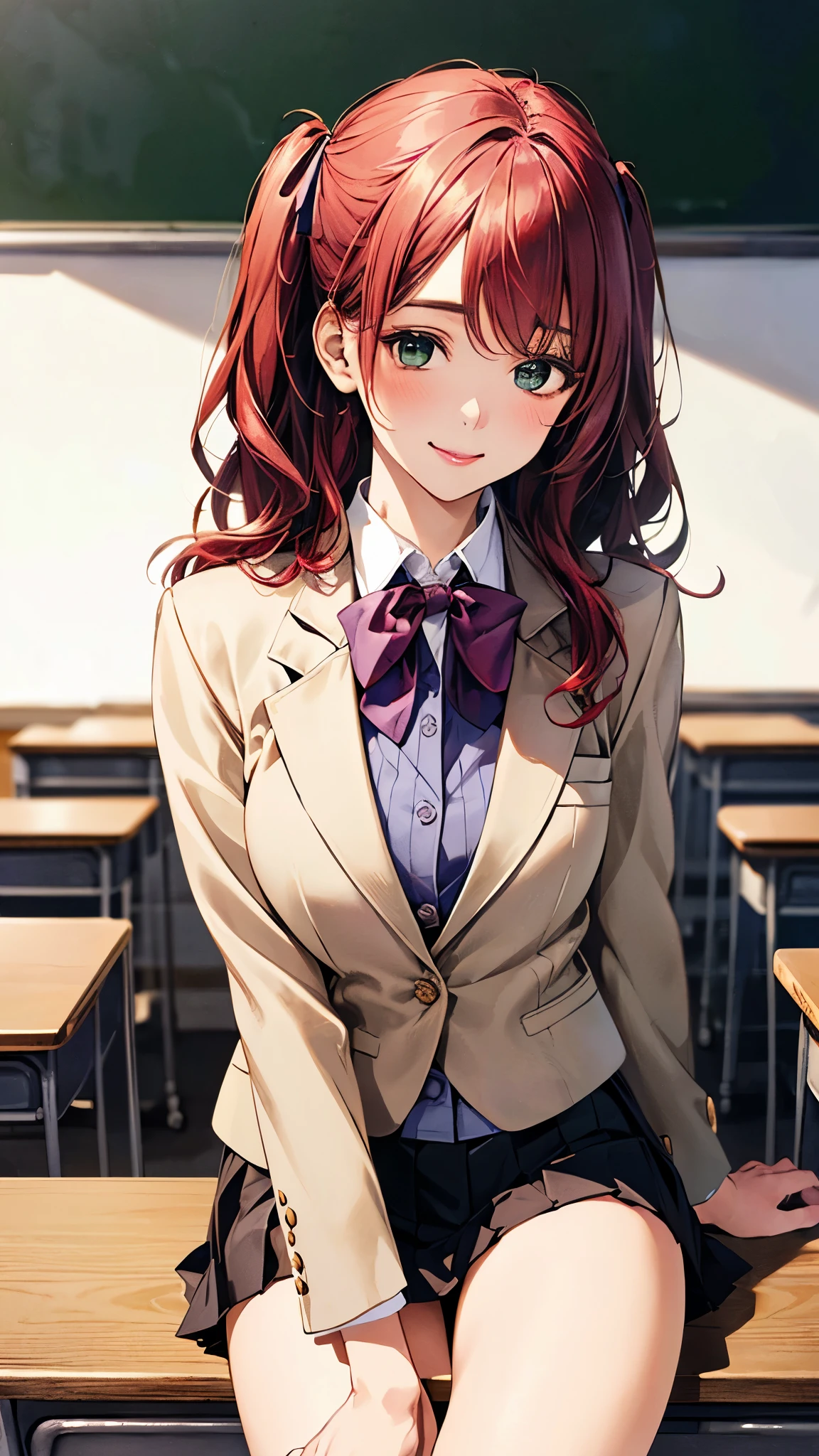 (masterpiece:1.3, top-quality, ultra high res, ultra detailed), (realistic, photorealistic:1.4), beautiful illustration, perfect lighting, natural lighting, colorful, depth of fields,
looking at viewer, cowboy shot, front view, 1 girl, japanese, high school girl, perfect face, cute and symmetrical face, shiny skin,
(long hair:1.2, ((two side up:1.2)), fuchsia-hair), emerald green eyes, (large breasts:0.8, seductive thighs),
beautiful hair, beautiful face, beautiful detailed eyes, beautiful clavicle, beautiful body, beautiful chest, beautiful thigh, beautiful legs, beautiful fingers,
(((sjxf, beige blazer with purple, close blazer), white blouse shirt, red pleated skirt with purple line, red bow tie), red hair ribbon),
(beautiful scenery), evening, (school class room, blackboard, lecture desk), (sitting lecture desk), (seductive smile, upper eyes),