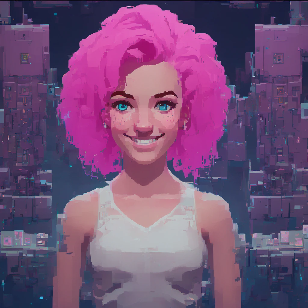 top down video game level design, aerial shot, pixel art, retro game character concept art, smiling girl, pink hair, symmetrical eyes, rule of three, detailed body, full body, detailed face, ultradetailed digital illustration, 8 k, epic atmosphere, digital art by simon cowell and rachel walpole