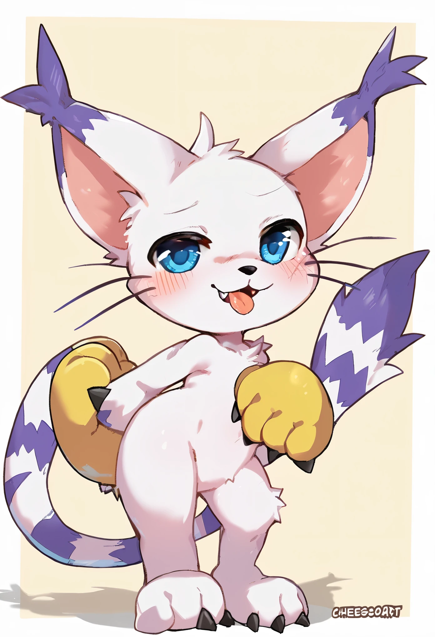 cheesoart, bandai_namco, digimon, digimon_(species), felid, feline, gatomon, mammal, 2024, absurd_res, full-length_portrait, hi_res, portrait, ambiguous_anthro, ambiguous_gender, black_nose, blue_eyes, blush, clothing, cute_fangs, dipstick_ears, ear_tuft, eyelid_pull, eyelid_pull_taunt, featureless_crotch, front_view, glistening, glistening_eyes, gloves, gloves_only, hand_on_hip, handwear, handwear_only, leaning, leaning_forward, looking_at_viewer, looking_up, markings, mostly_nude, multicolored_ears, paw_gloves, plantigrade, raised_tail, simple_background, solo, standing, striped_markings, striped_tail, stripes, tail, tail_markings, tail_tuft, tongue, tongue_out, tuft, whiskers, yellow_background
