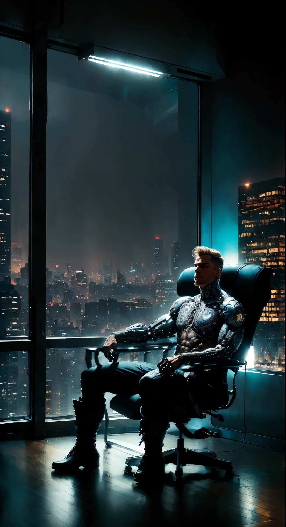 a skyscraper office in the big city, the cyborg man sits in a luxurious chair, heavy man boots, best quality, high quality, absurdres, masterpiece, beautiful, intricate details, 1/2 body crop, slim body, beautiful figure, magnificent anatomy, (intricate details:1.12), HDR, (intricate details, hyper-detailing:1.15), (natural skin textures, hyper realisitc, soft light, Sharp:1.2)