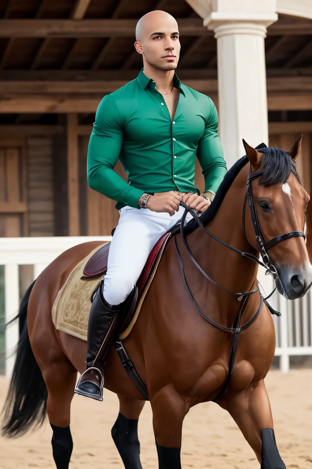 At only 24 years old, a young man with light skin and Latin origin, captivates with his bald head, glistening in the sunlight, and his piercing emerald green eyes that seem to hold a world of stories. He exudes a modern and sophisticated vibe, donning a pair of perfectly fitted jeans that accentuate his athletic build and a vibrant red shirt that complements his charismatic personality. His attire is completed with eye-catching accessories, such as a stylish watch and a sleek leather bracelet.

As the young man confidently rides a magnificent white horse, his brown leather boots firmly planted in the stirrups, the audience in the background is left in awe. Their gazes fixed on him, their applause muffled by their astonishment