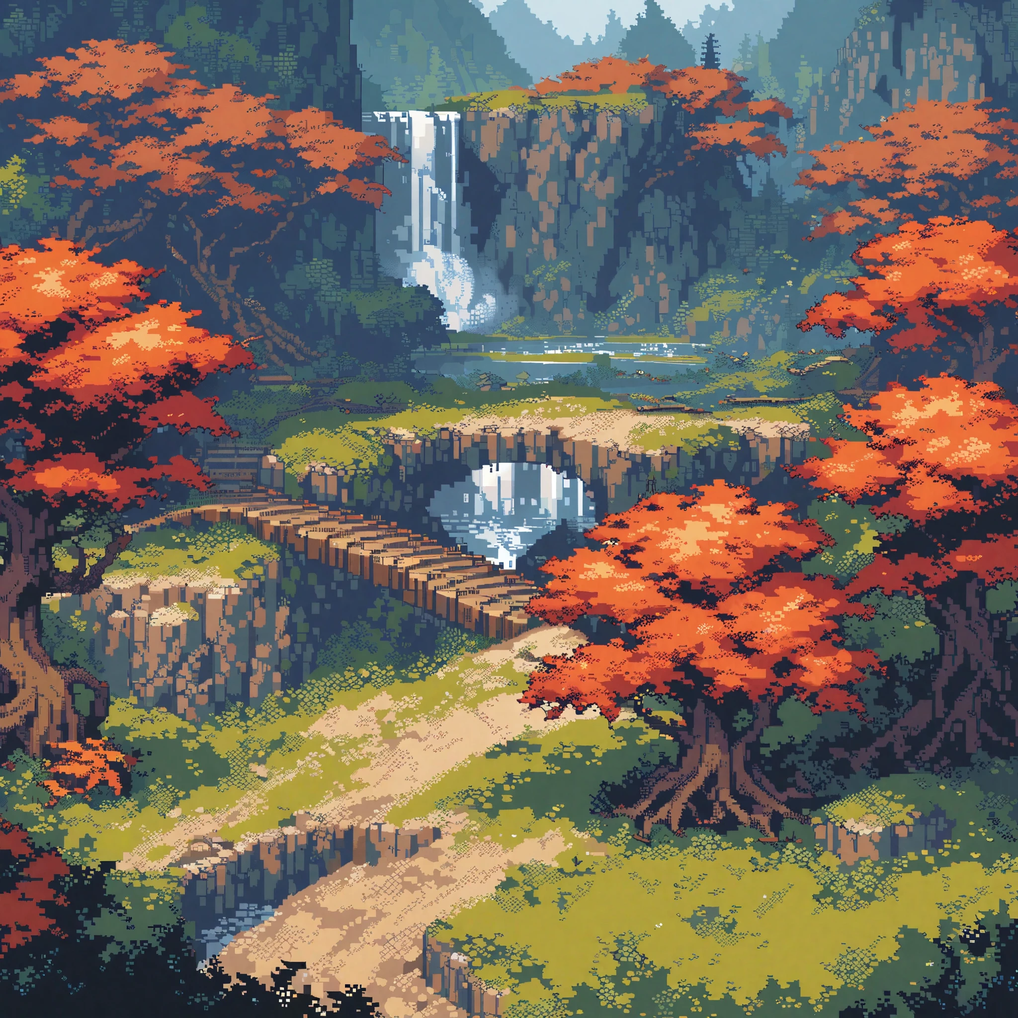 (masterpiece, best quality:1.2), pixel art,landspace，Maple Leaf Forest