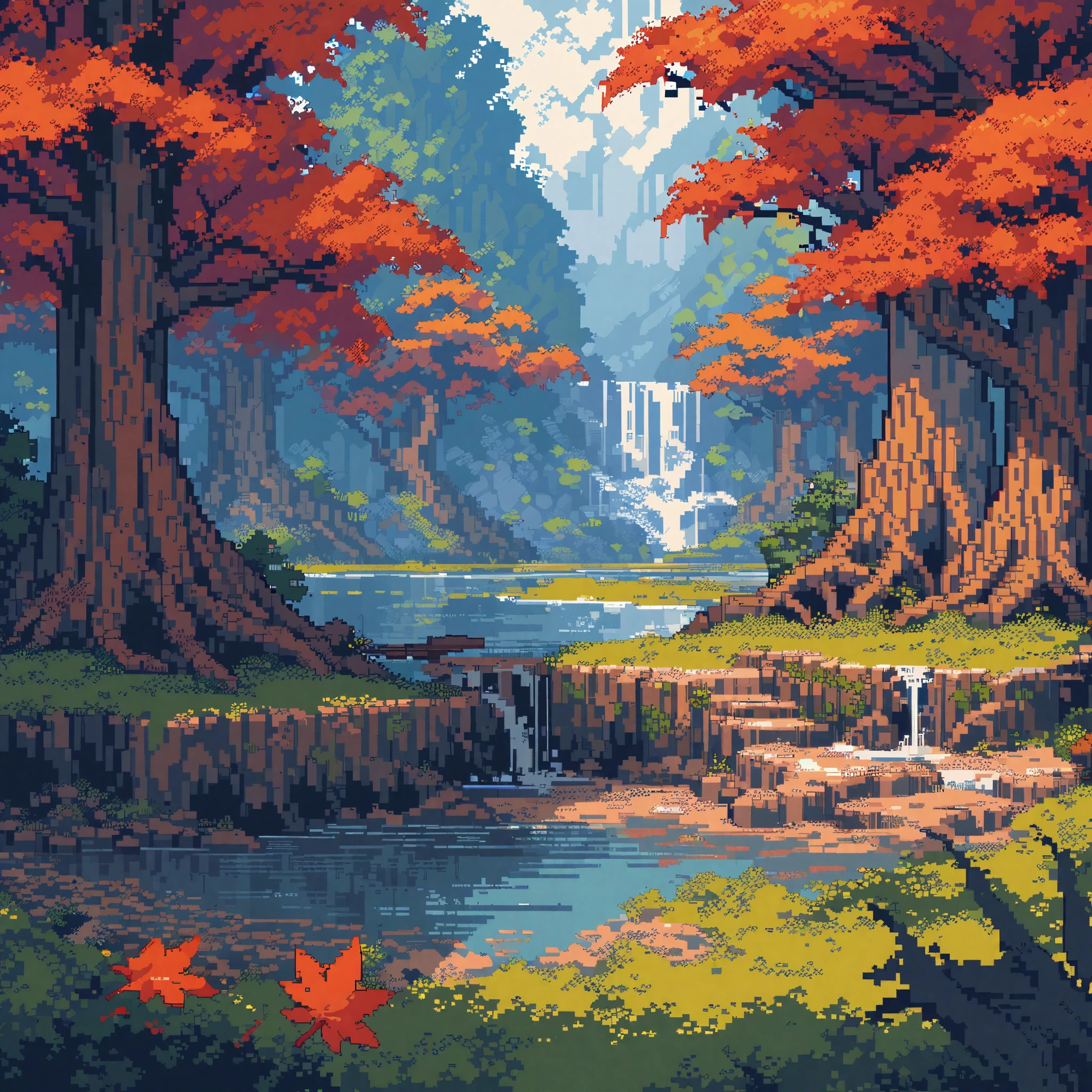 (masterpiece, best quality:1.2), pixel art,landspace，Maple Leaf Forest