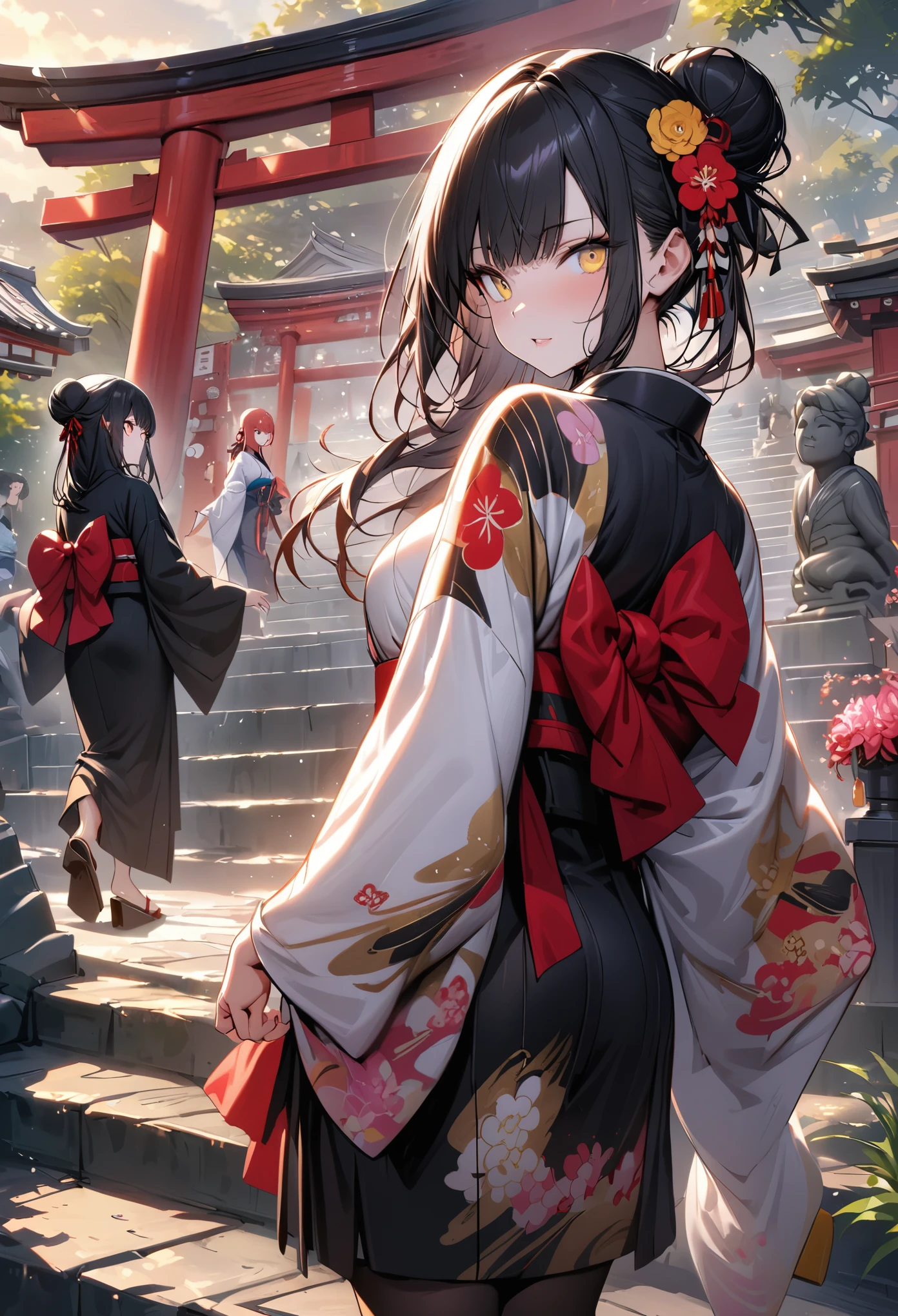 ((masterpiece,best quality)),2 girls, black kimono, black pantyhose, black ribbon, black hair, 樱flower, sky, flower, bun, hair ribbon, japanese clothes, kimono, long hair, looking at the audience, look back , multiple girls, belt, outdoor, Red eyes, Red hair, ribbon, sandals, It’s good to be single, stairs, permanent, statue, torii, Tree, white kimono, yellow eyes