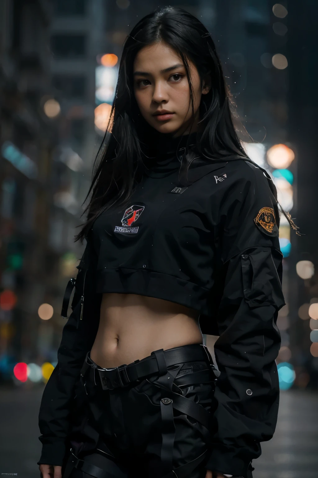 photorealistic:1.4, masterpiece, best quality, solo, Detailed face:1.2, perfectly proportions, photos realistic, ,Photo of mature Indonesian college girl, raw , long black hair,  techwear, blurry background, eye focus, cowboy shot, huge city background, facing front, dramatic light, cinematic light, realistic, realism