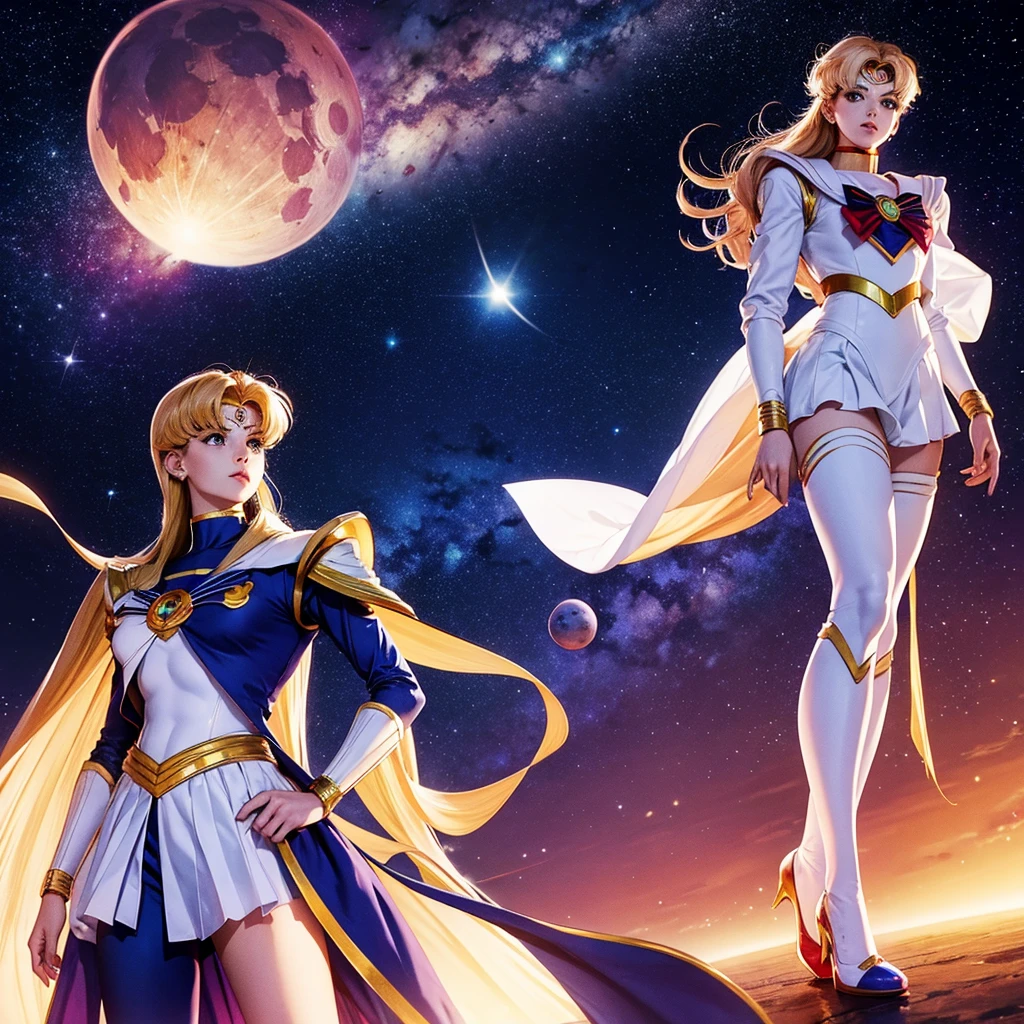 Sailor Moon themed super robot, dramatic pose in space, sailor moon standing on shoulder in space suit