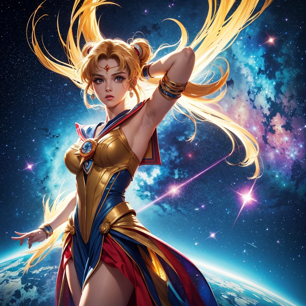 best quality, highres, masterpiece:1.2, ultra-detailed, realistic, HDR, studio lighting, vivid colors, sci-fi, portraits, Sailor Moon themed super robot, dramatic pose in space, sailor moon standing on shoulder in space suit, detailed face, elegant costume, flowing hair, glowing eyes, powerful energy beams shooting out, starry background, cosmic dust particles, dynamic composition, intense action, vibrant colors, celestial atmosphere, otherworldly lighting, ethereal glow, intergalactic adventure, heroism, mystique, majesty.