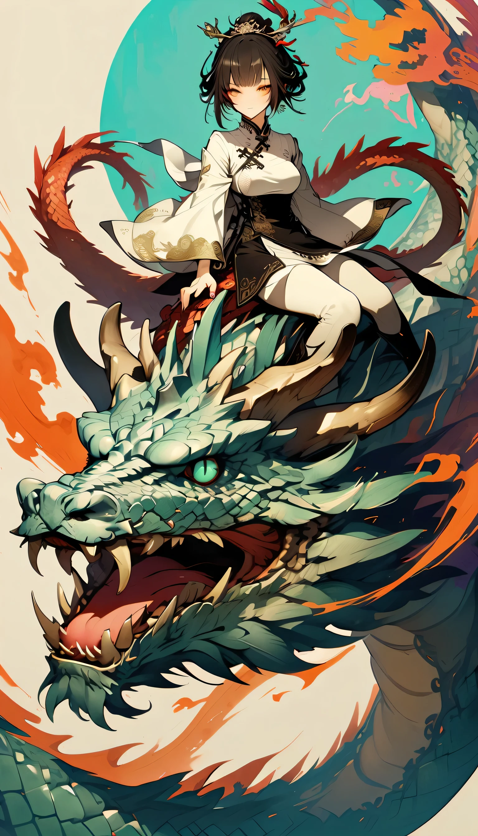 Style 1,Girl riding on dragon's back,Chinese dragon,