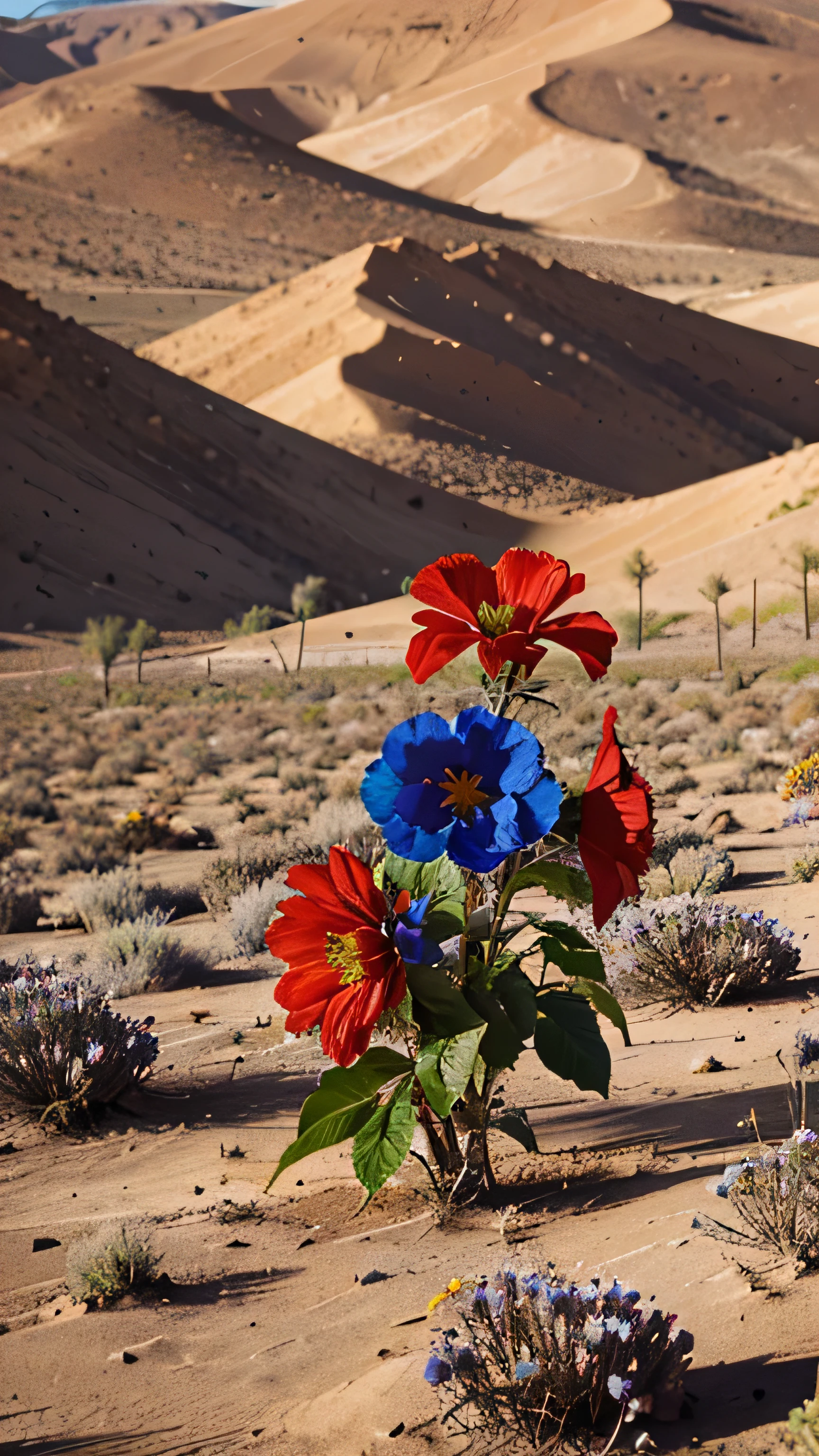 desert, lot of colorful flower, red flower, blue flower, 8k, high quality, close up
