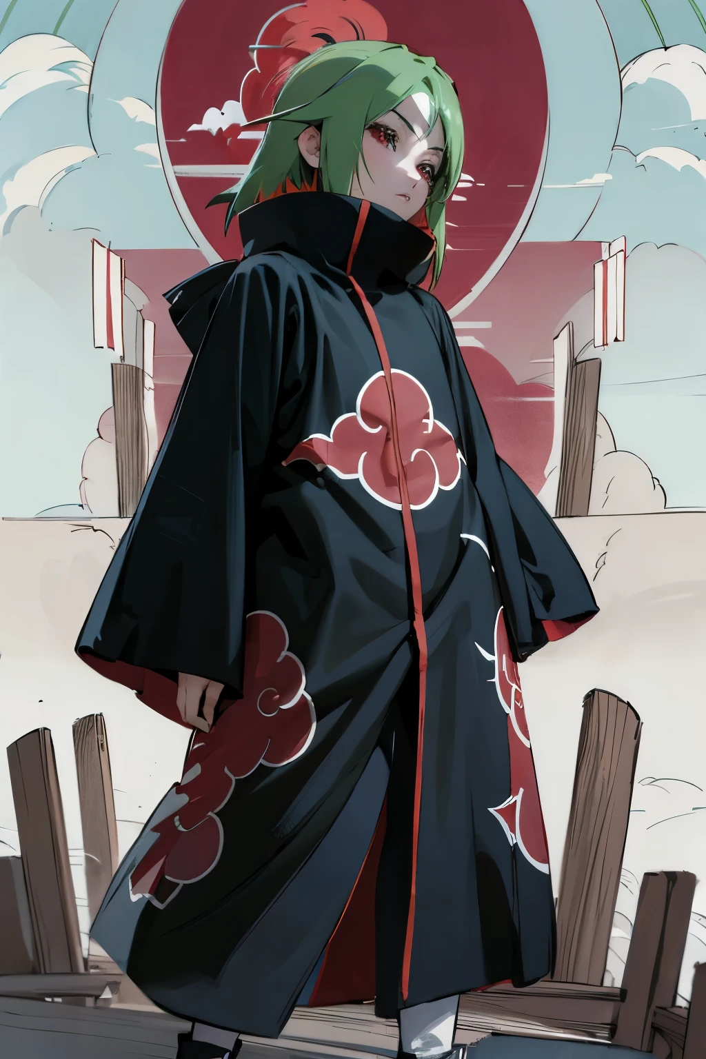 Akatsuki themed pale green female character with new visual prowess, illustration, wearing Akatsuki cloth with red cloud