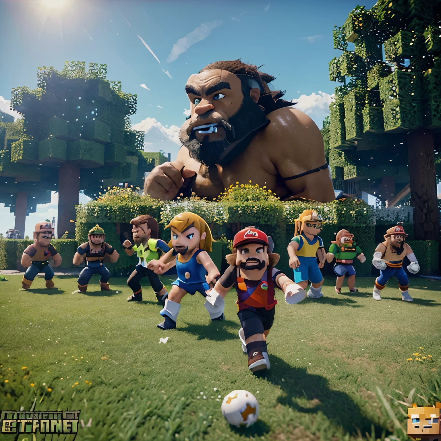 Crea una imagen grupal de los personajes con los siguientes videojuegos: Minecraft, street figther, pacman, just dance, crash, Clash Royale, FIFA, don king kong, Legends of Zelda, fall guys, angry birds, Mario Bros, Pokmon, Sonic