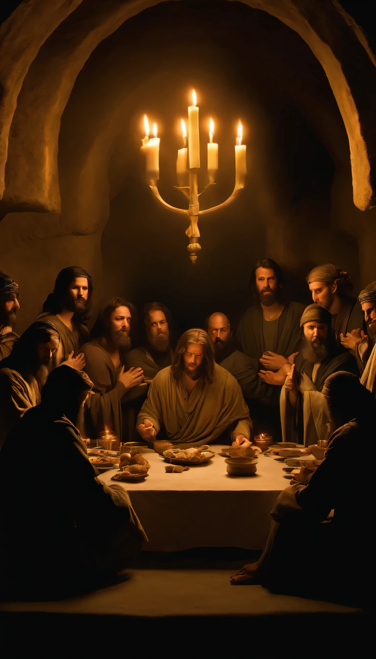 the last supper 1Only people are ninjas, Jewish clothing, in the night, cave, bread food, water cup, candle