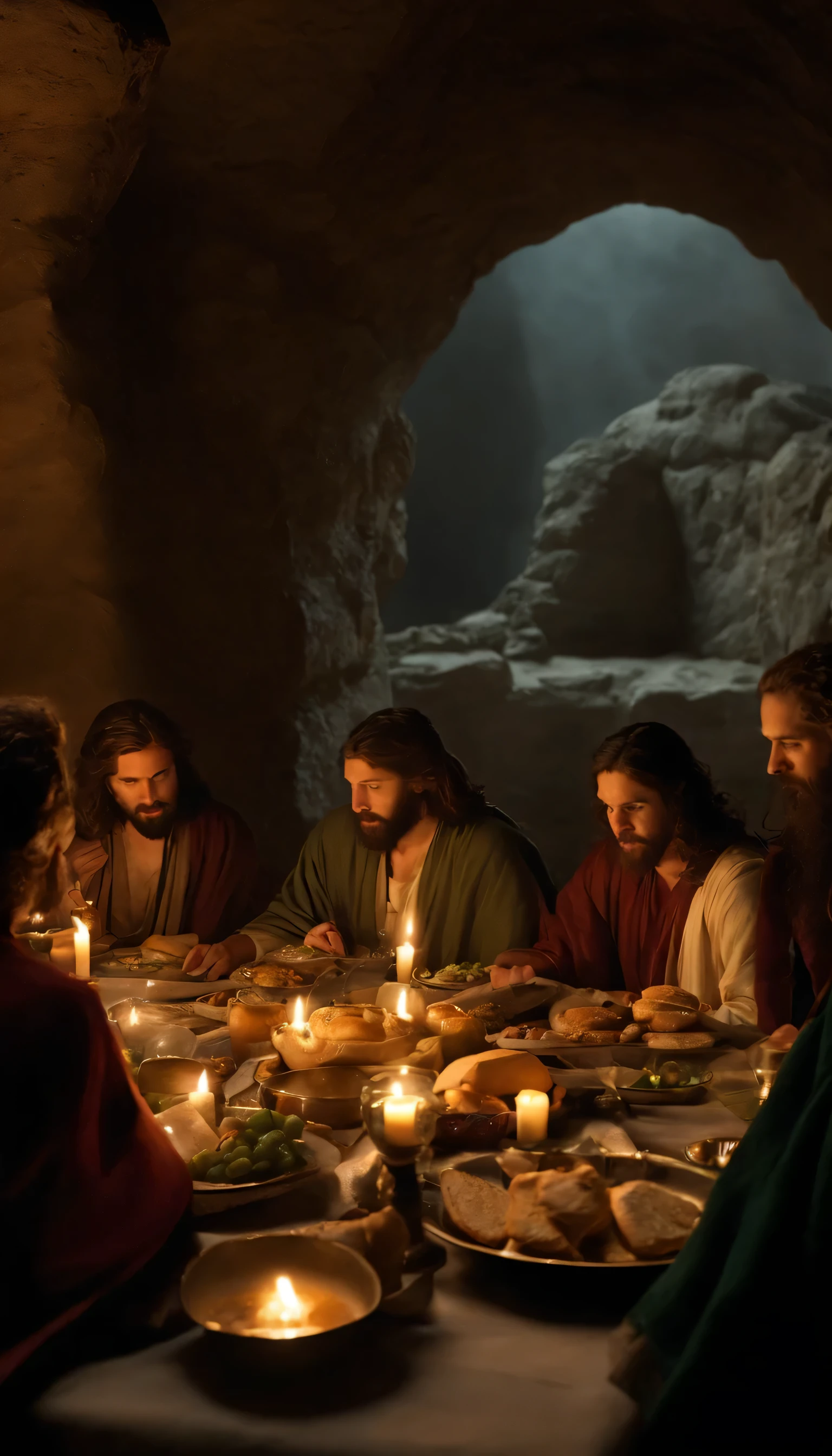 the last supper 1Only people are ninjas, Jewish clothing, in the night, cave, bread food, water cup, candle