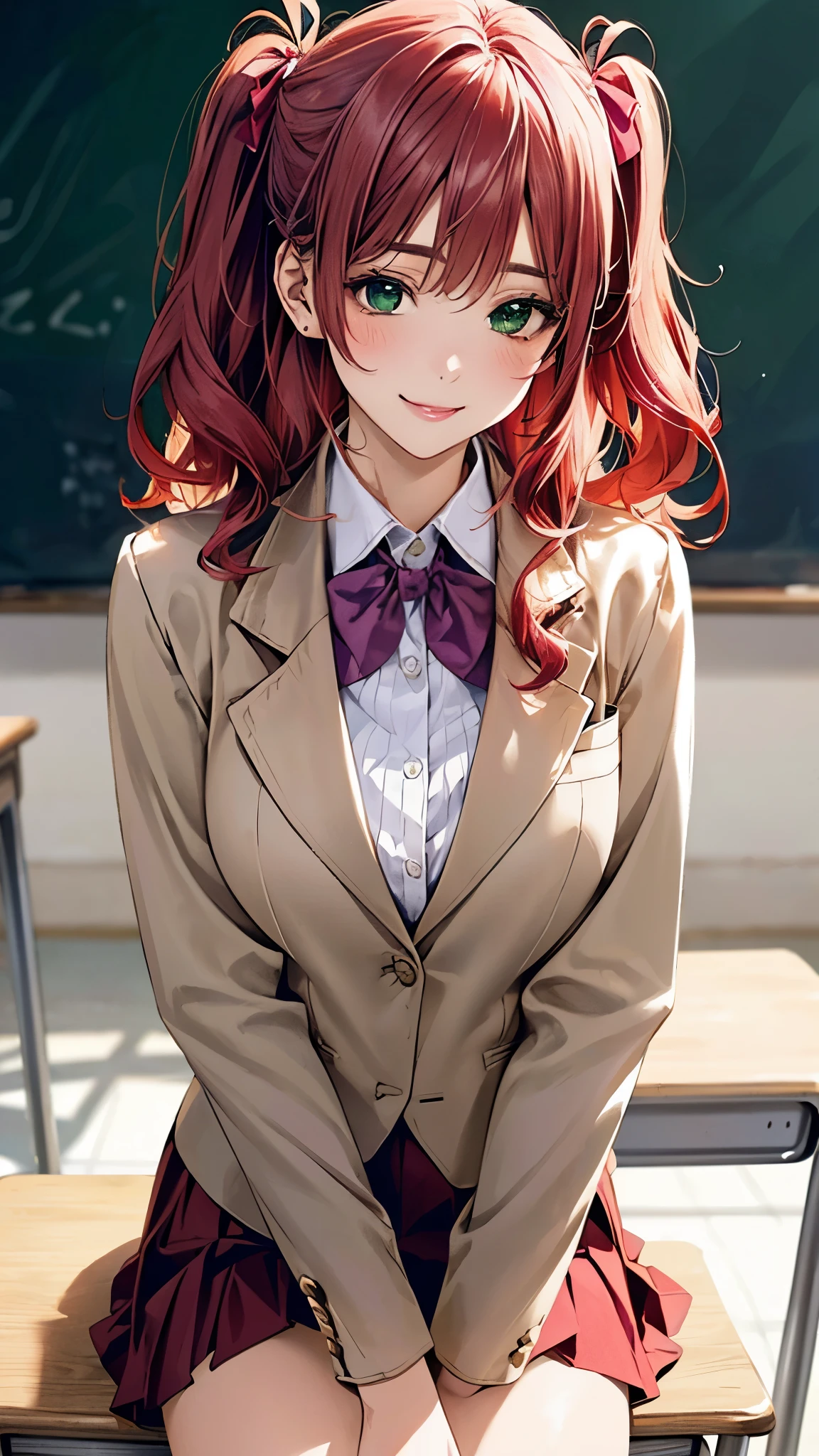 (masterpiece:1.3, top-quality, ultra high res, ultra detailed), (realistic, photorealistic:1.4), beautiful illustration, perfect lighting, natural lighting, colorful, depth of fields, 
looking at viewer, cowboy shot, front view, 1 girl, japanese, high school girl, perfect face, cute and symmetrical face, shiny skin, 
(long hair:1.2, ((two side up:1.2)), fuchsia-hair), emerald green eyes, (large breasts:0.8, seductive thighs), 
beautiful hair, beautiful face, beautiful detailed eyes, beautiful clavicle, beautiful body, beautiful chest, beautiful thigh, beautiful legs, beautiful fingers, 
(((beige blazer with purple, close blazer), white blouse shirt, red pleated skirt with purple line, red bow tie), red hair ribbon), 
(beautiful scenery), evening, (school class room, blackboard, lecture desk), (sitting lecture desk), (seductive smile, upper eyes), 