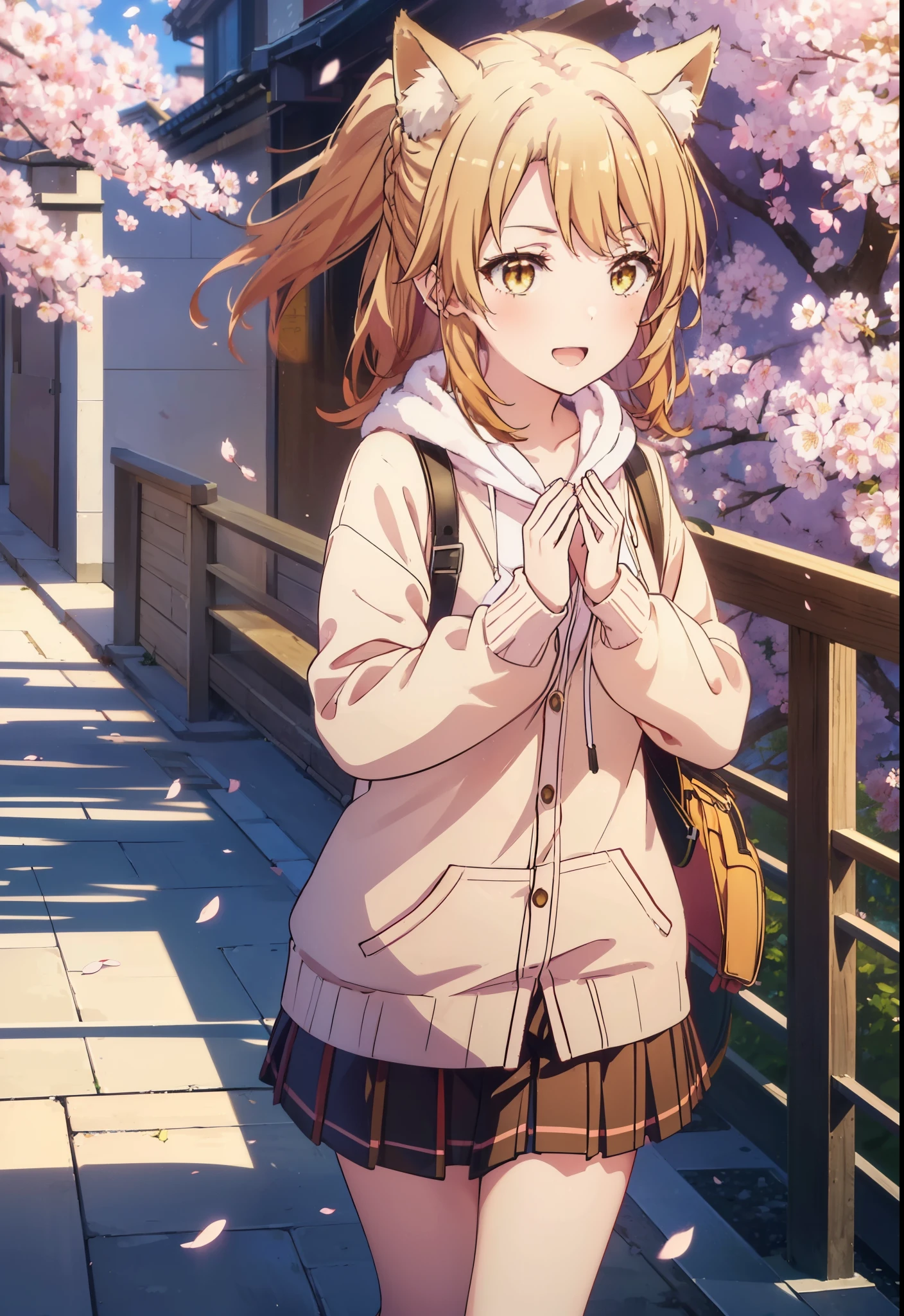 irohaisshiki, iroha isshiki, long hair, brown hair, (brown eyes:1.5), happy smile, smile, open your mouth,short braided hair,ponytail,animal ears　fox ears,animal tail　Fox tail oversized pink hoodie,Yellow pleated skirt,white tights,Mini Boots,walking,Cherry blossom tree-lined path,cherry blossoms are blooming,Cherry blossoms are scattered,昼
break outdoors, garden,
break looking at viewer, (cowboy shot:1. 5)
break (masterpiece:1.2), highest quality, High resolution, unity 8k wallpaper, (figure:0.8), (beautiful deしっぽed eyes:1.6), extremely deしっぽed face, perfect lighting, extremely deしっぽed CG, (perfect hands, perfect anatomy),