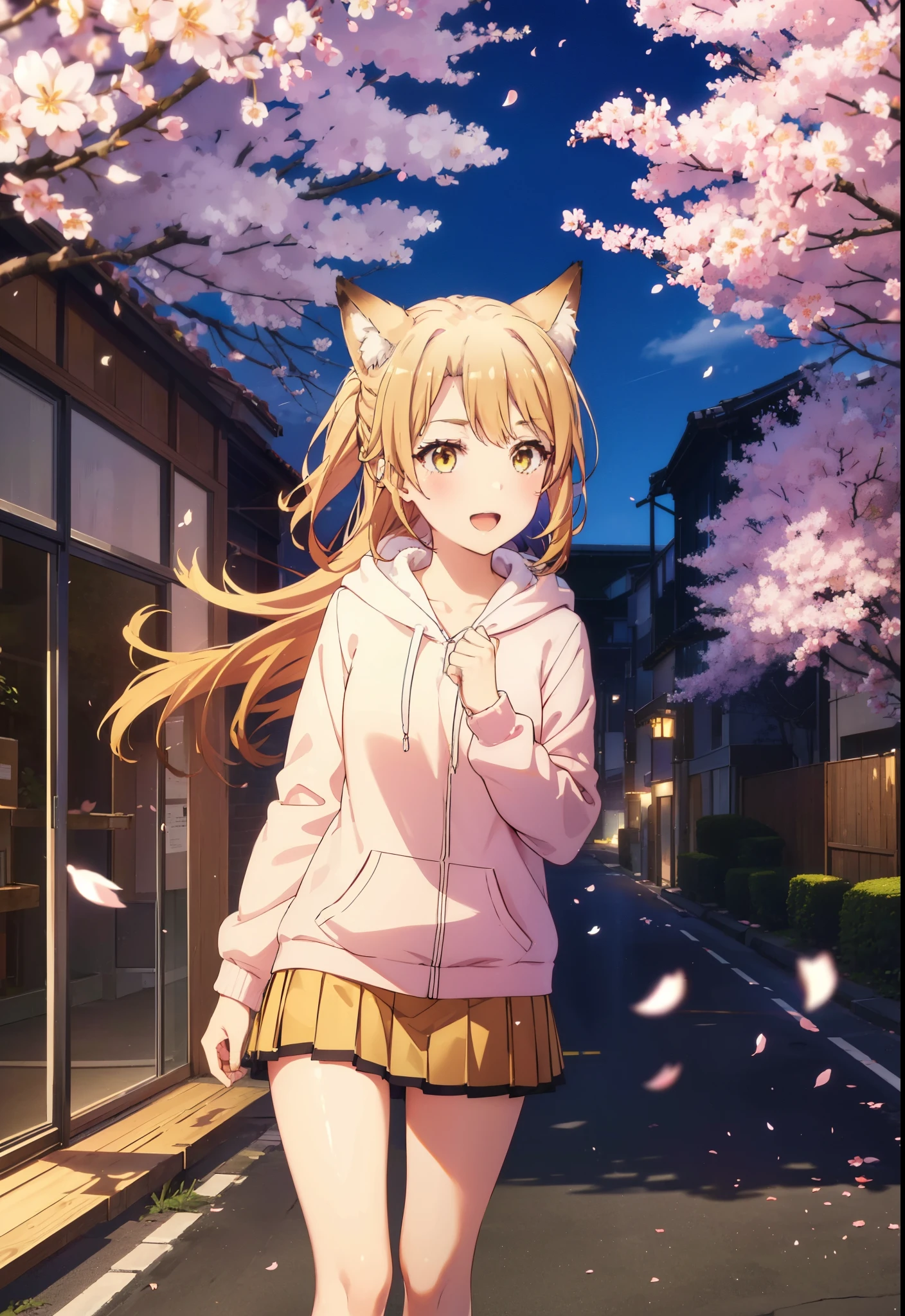 irohaisshiki, iroha isshiki, long hair, brown hair, (brown eyes:1.5), happy smile, smile, open your mouth,short braided hair,ponytail,animal ears fox ears,animal tail Fox tail oversized pink hoodie,Yellow pleated skirt,white tights,Mini Boots,walking,Cherry blossom tree-lined path,cherry blossoms are blooming,Cherry blossoms are scattered,昼
break outdoors, garden,
break looking at viewer, (cowboy shot:1. 5)
break (masterpiece:1.2), highest quality, High resolution, unity 8k wallpaper, (figure:0.8), (beautiful deしっぽed eyes:1.6), extremely deしっぽed face, perfect lighting, extremely deしっぽed CG, (perfect hands, perfect anatomy),