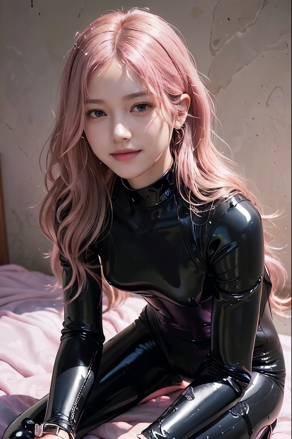 (8K, top-quality, masterpiece:1.2), (realistic, photorealistic:1.37), (super detailed), (one girl), (highly detailed), (beautifully detailed eyes), (of the highest quality), (masterpiece), (detailed face), (20yr old), (pink hair, long hair), (medium breasts), (clothed), (perfect lighting), BREAK, (upper body to knees:1.3), (wavy pink long hair:1.4), (smile:1.2), (bright oasis background:1.2),(heavy rain:1.2),. (even lighting:1.5), (wet:1.3), BREAK, (black glossy bodysuit:1.5), (pink Paisley patterns:1.4), (high-neck:1.3), (slim fit silhouette:1.5), (ankle boots:1.4), (platinum choker and ring set:1.2),