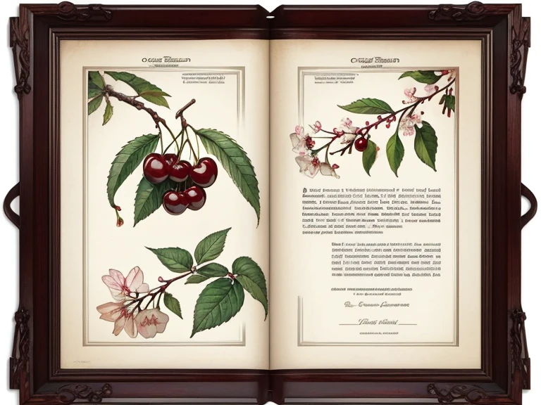 vintage victorian style　Accurate plant encyclopedia (better quality:1.2), (be familiar with:1.2), (works of art:1.2), vintage botanical illustrations of cherries and cherry blossom flowers, ((cherry))