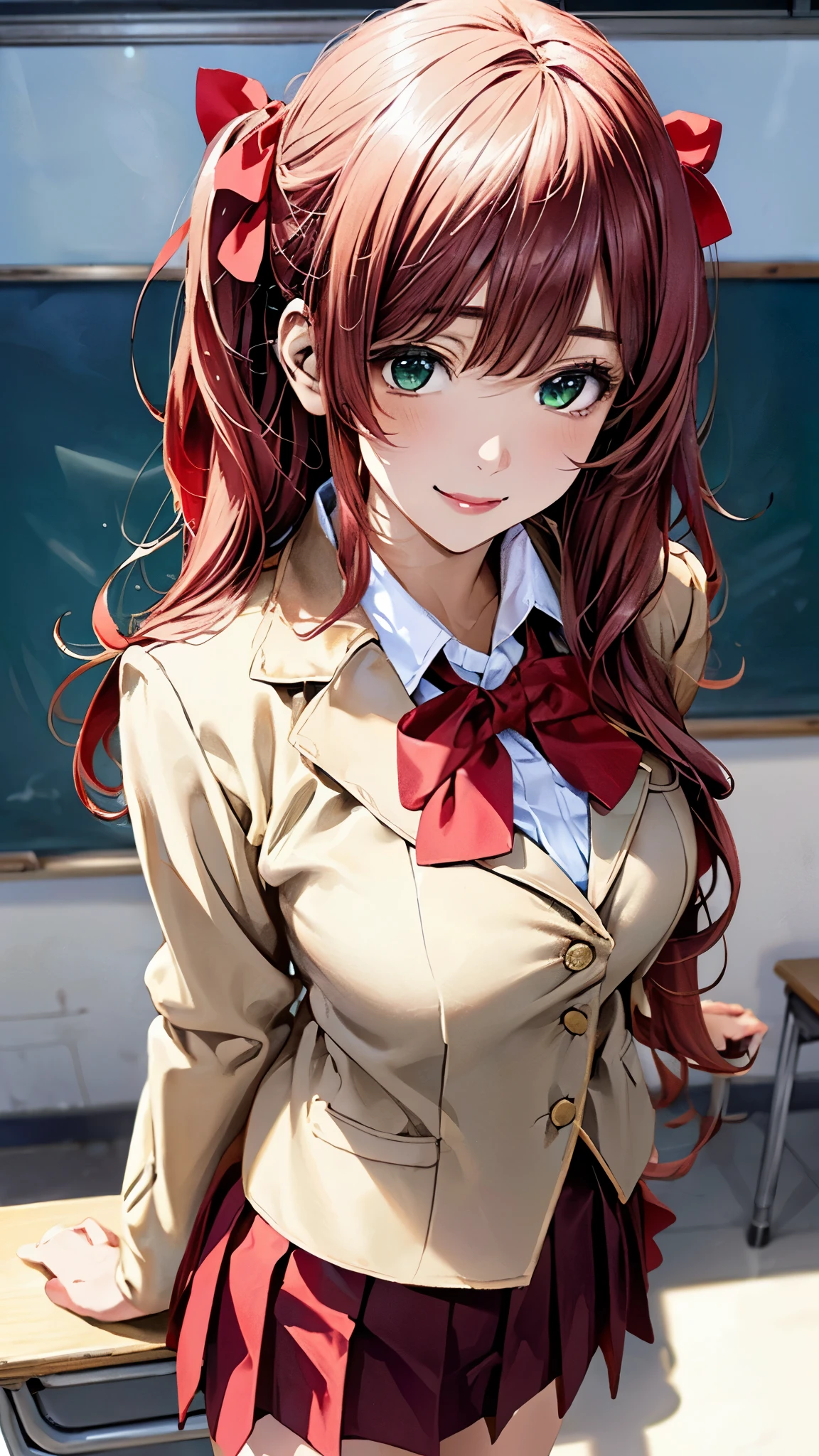 (masterpiece:1.3, top-quality, ultra high res, ultra detailed), (realistic, photorealistic:1.4), beautiful illustration, perfect lighting, natural lighting, colorful, depth of fields, 
looking at viewer, cowboy shot, front view, 1 girl, japanese, high school girl, perfect face, cute and symmetrical face, shiny skin, 
(long hair:1.2, ((two side up:1.2)), fuchsia-hair), emerald green eyes, (large breasts:0.8, seductive thighs), 
beautiful hair, beautiful face, beautiful detailed eyes, beautiful clavicle, beautiful body, beautiful chest, beautiful thigh, beautiful legs, beautiful fingers, 
(((beige blazer with purple, close blazer), white blouse shirt, red pleated skirt with purple line, red bow tie), red hair ribbon), 
(beautiful scenery), evening, (school class room, blackboard, lecture desk), standing, (seductive smile, upper eyes), 